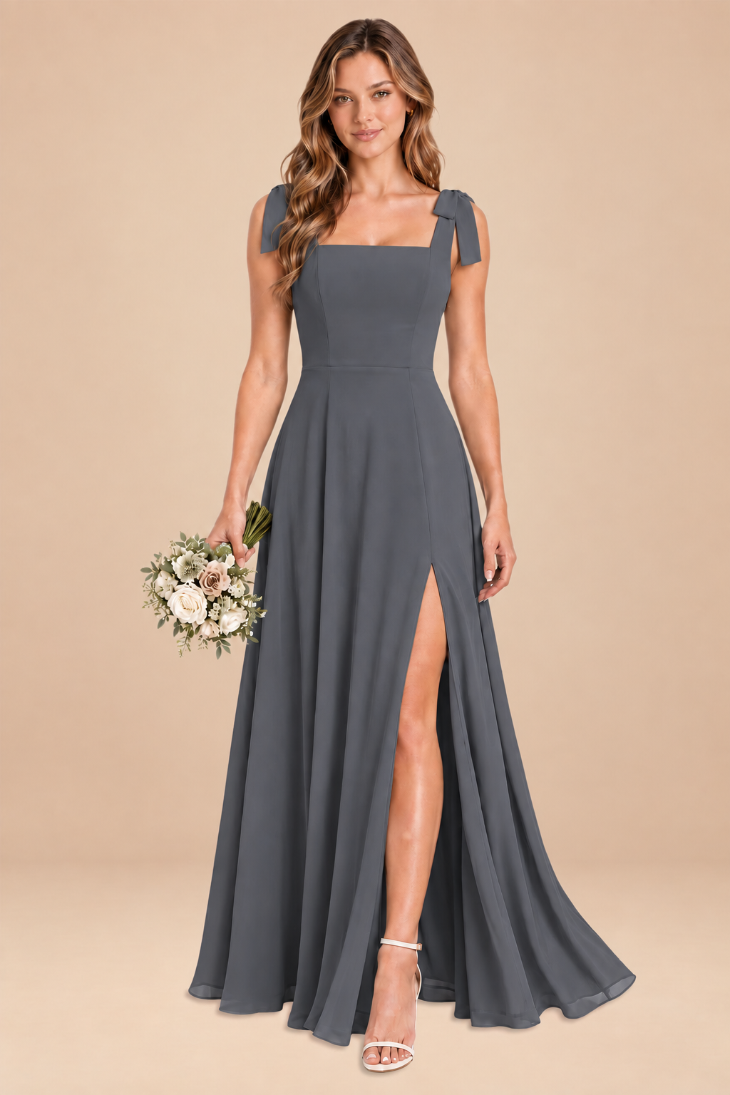 gray square-neck bow straps chiffon bridesmaid dress with slit, front view