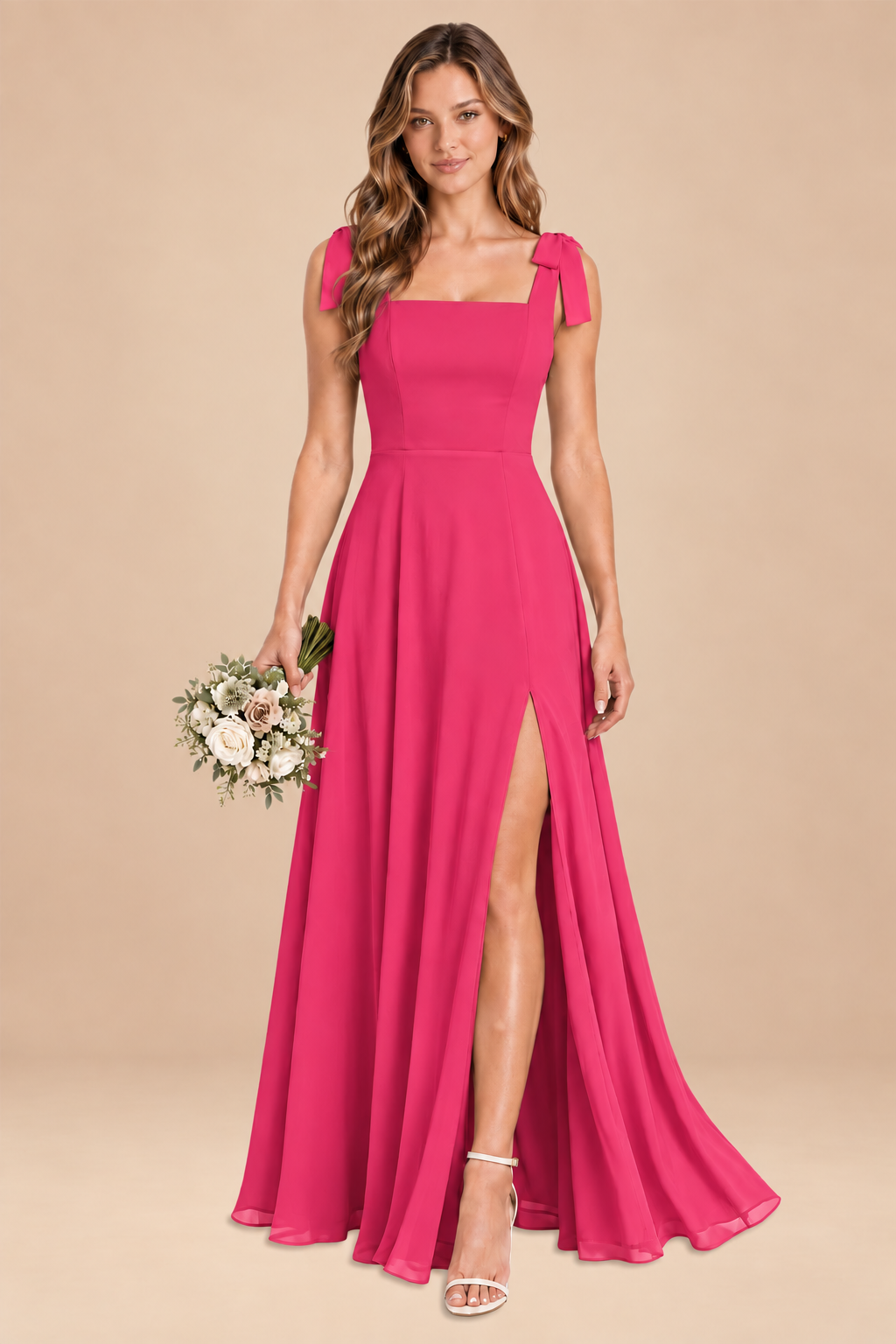 hot pink square-neck bow straps chiffon bridesmaid dress with slit, front view