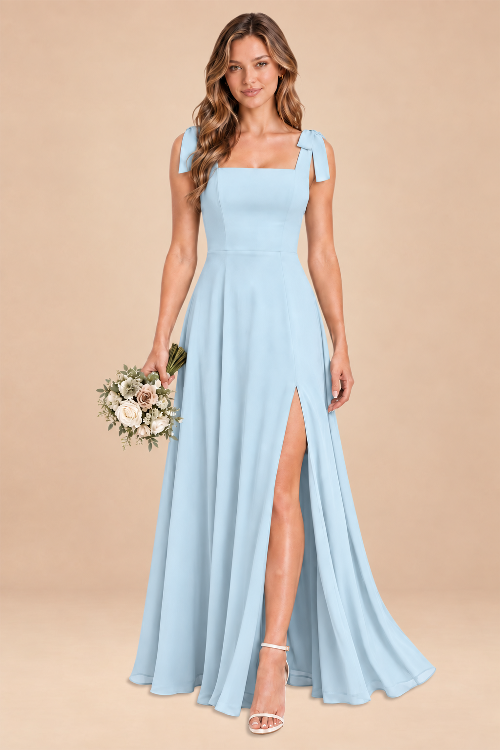ice blue square-neck bow straps chiffon bridesmaid dress with slit, front view
