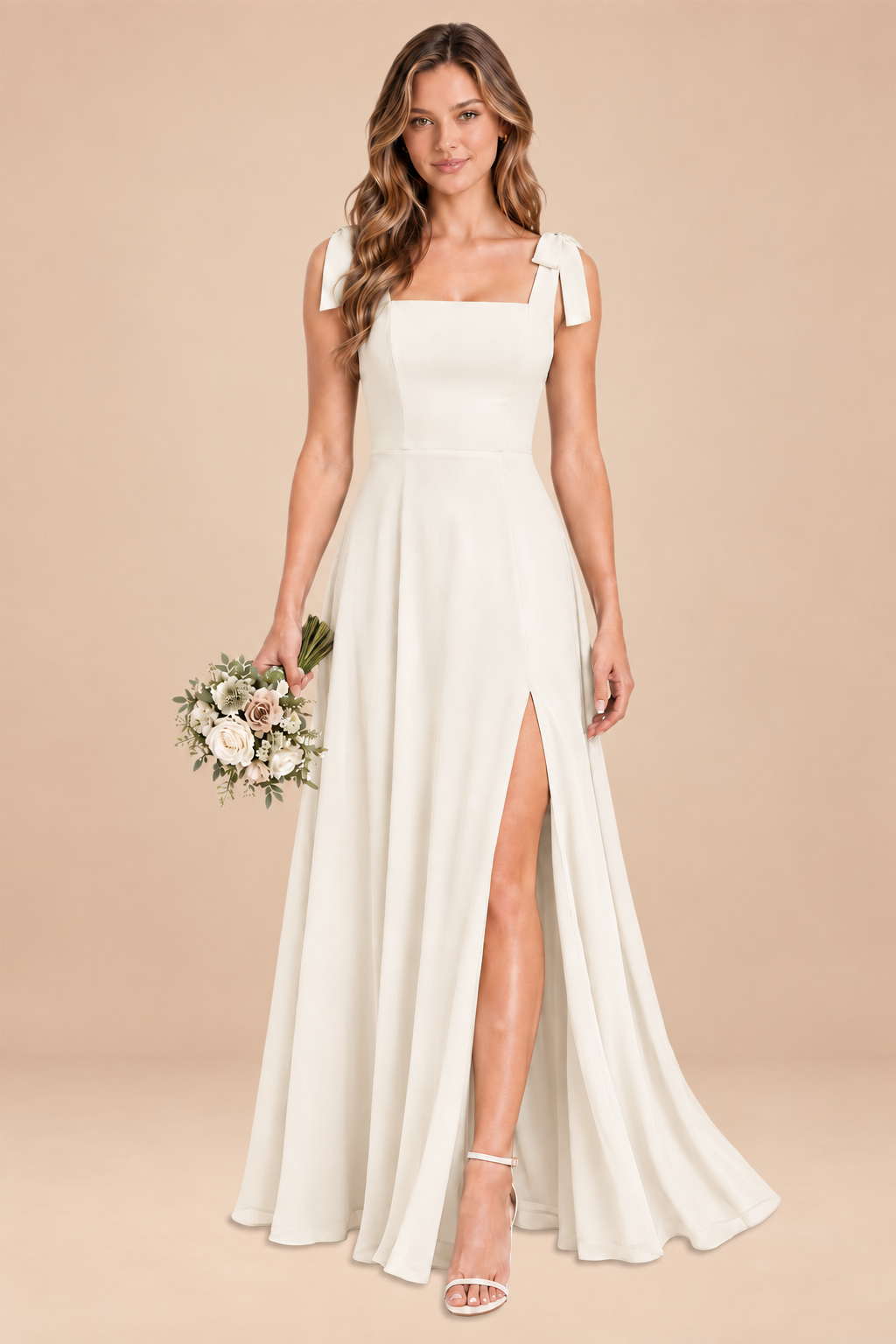 ivory square-neck bow straps chiffon bridesmaid dress with slit, front view