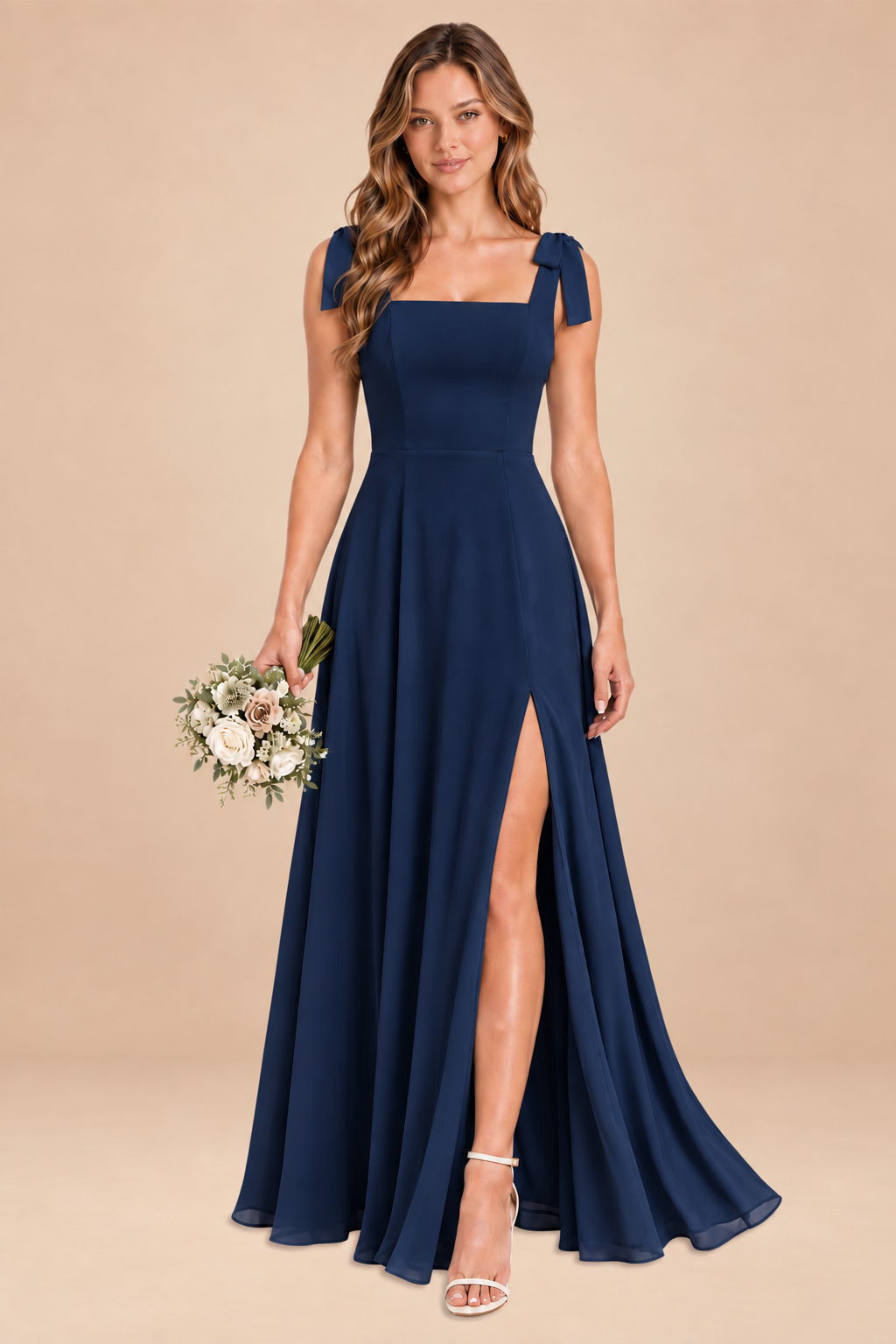 navy blue square-neck bow straps chiffon bridesmaid dress with slit, front view