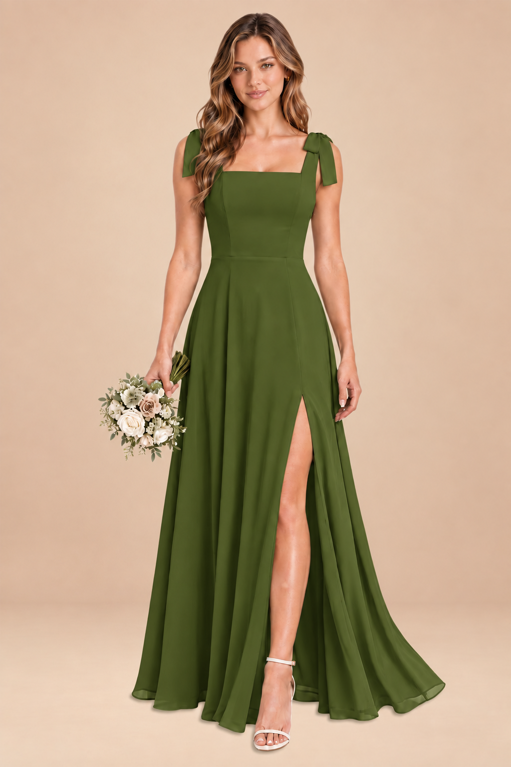olive green square-neck bow straps chiffon bridesmaid dress with slit, front view