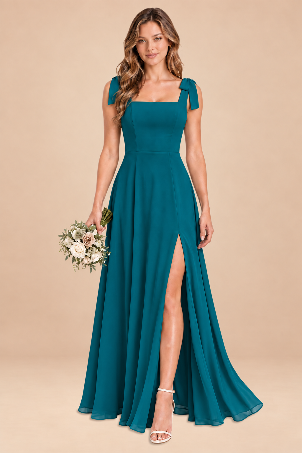 peacock square-neck bow straps chiffon bridesmaid dress with slit, front view
