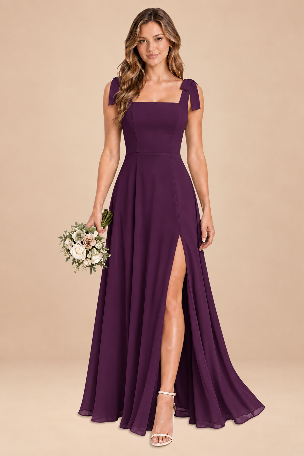 plum square-neck bow straps chiffon bridesmaid dress with slit, front view