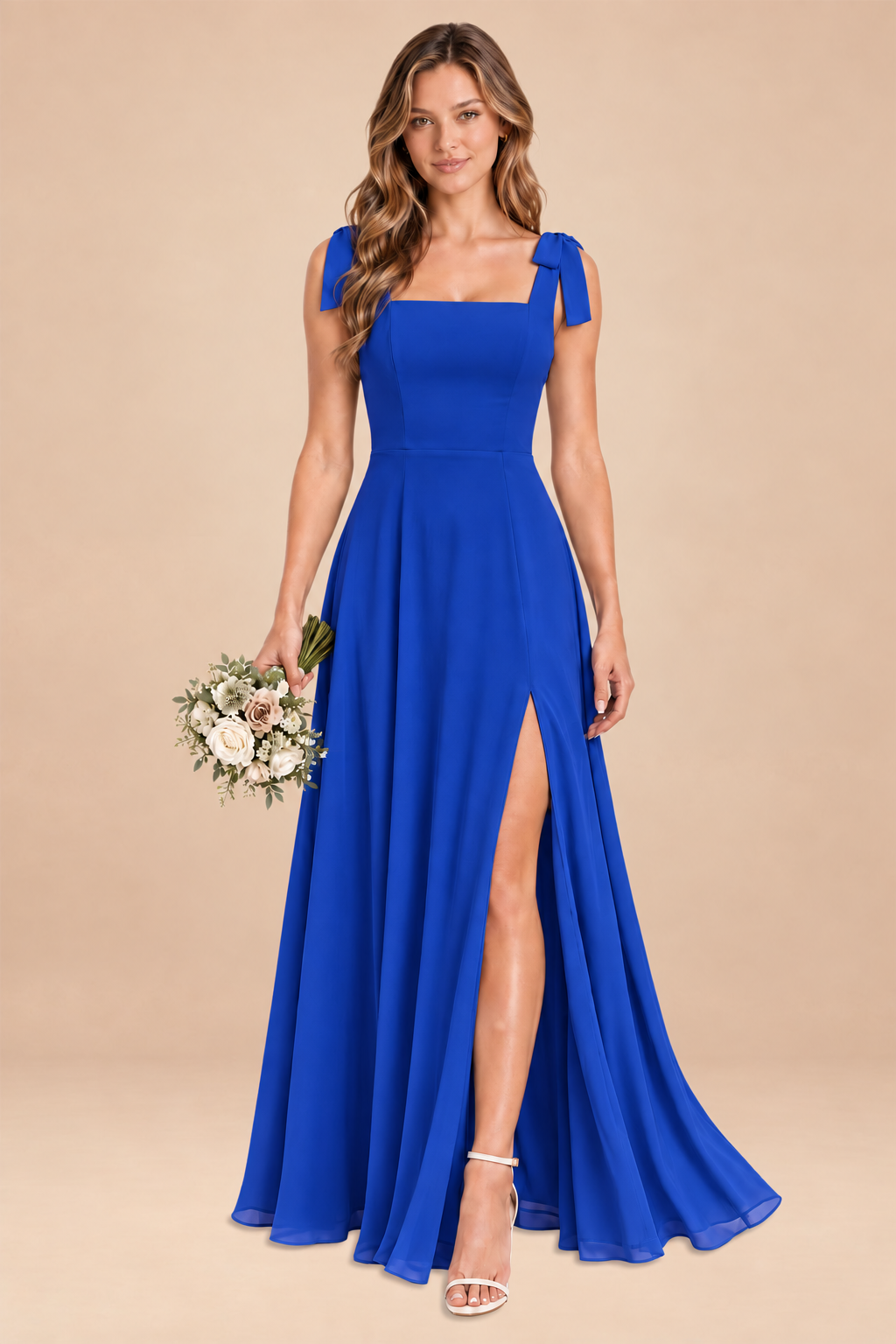 royal blue square-neck bow straps chiffon bridesmaid dress with slit, front view