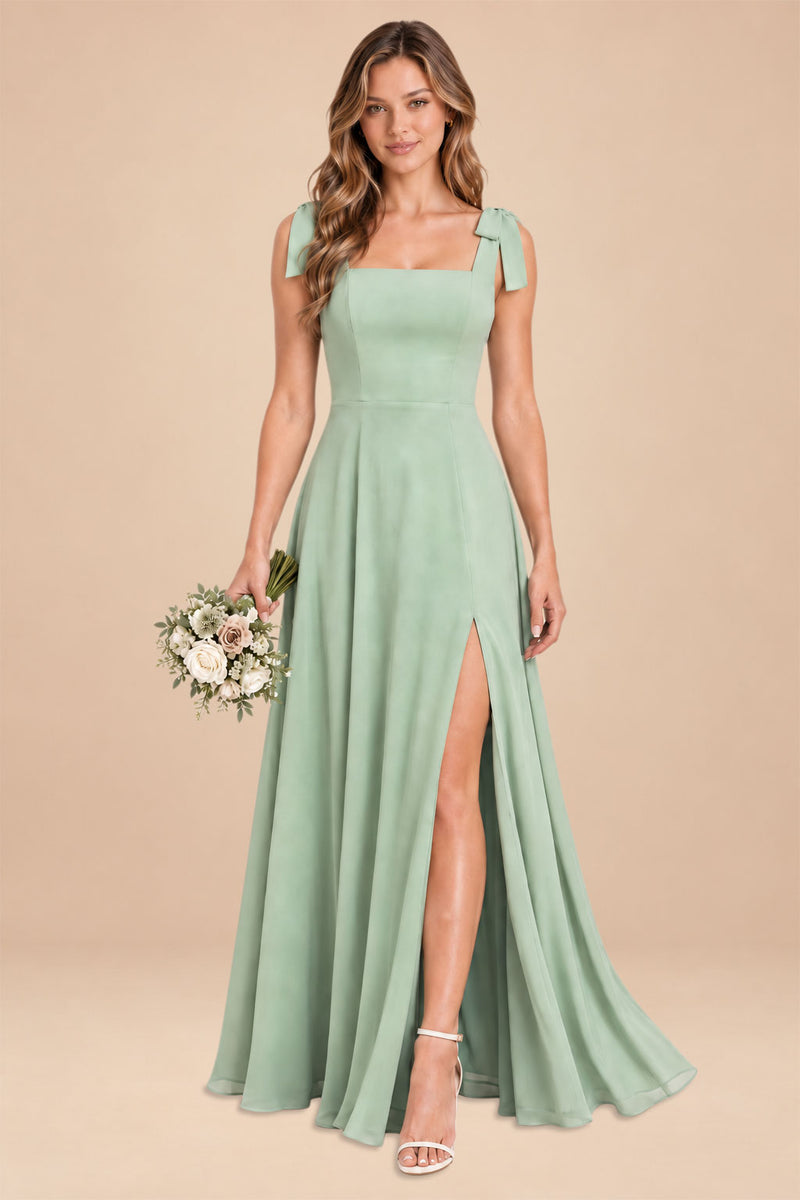 sage green square-neck bow straps chiffon bridesmaid dress with slit, front view