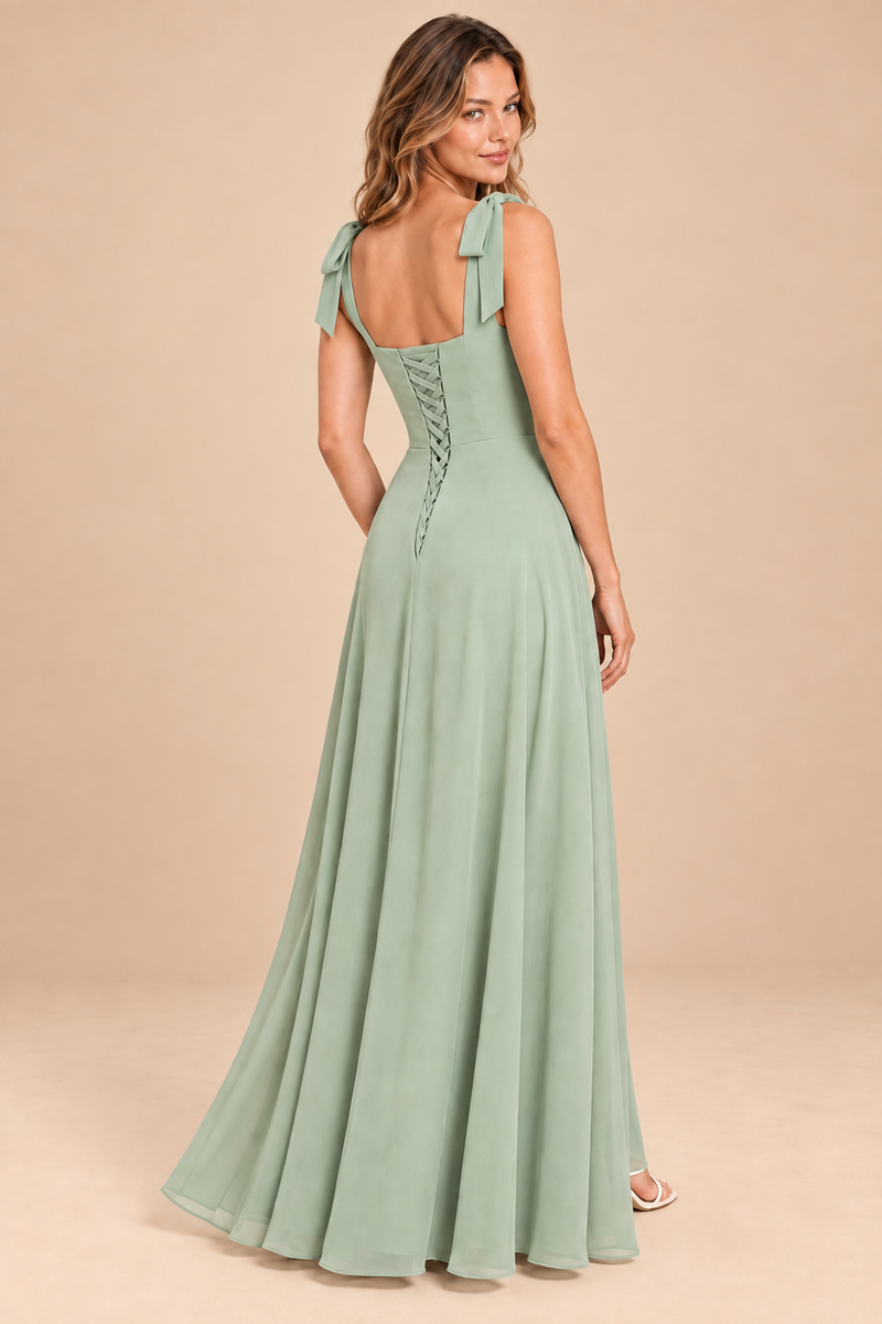 sage green square-neck bow straps chiffon bridesmaid dress with slit, back view