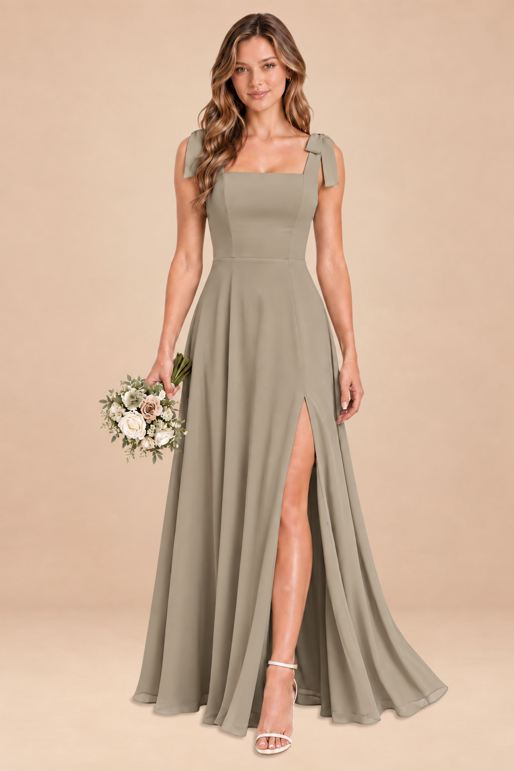 taupe square-neck bow straps chiffon bridesmaid dress with slit, front view