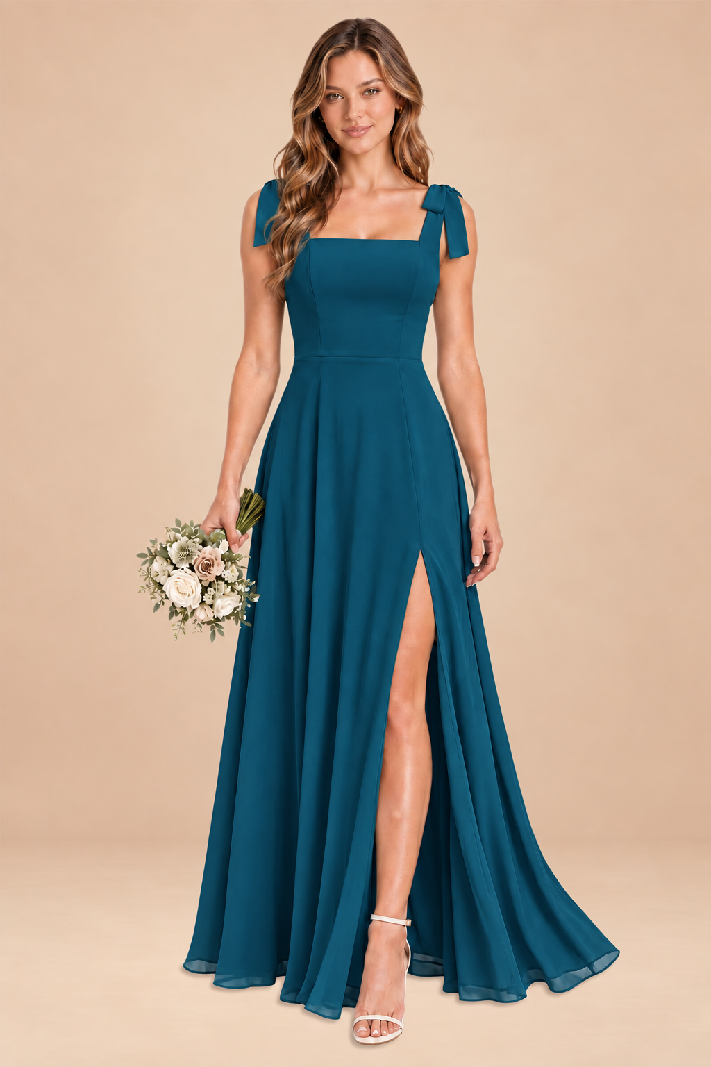 teal square-neck bow straps chiffon bridesmaid dress with slit, front view