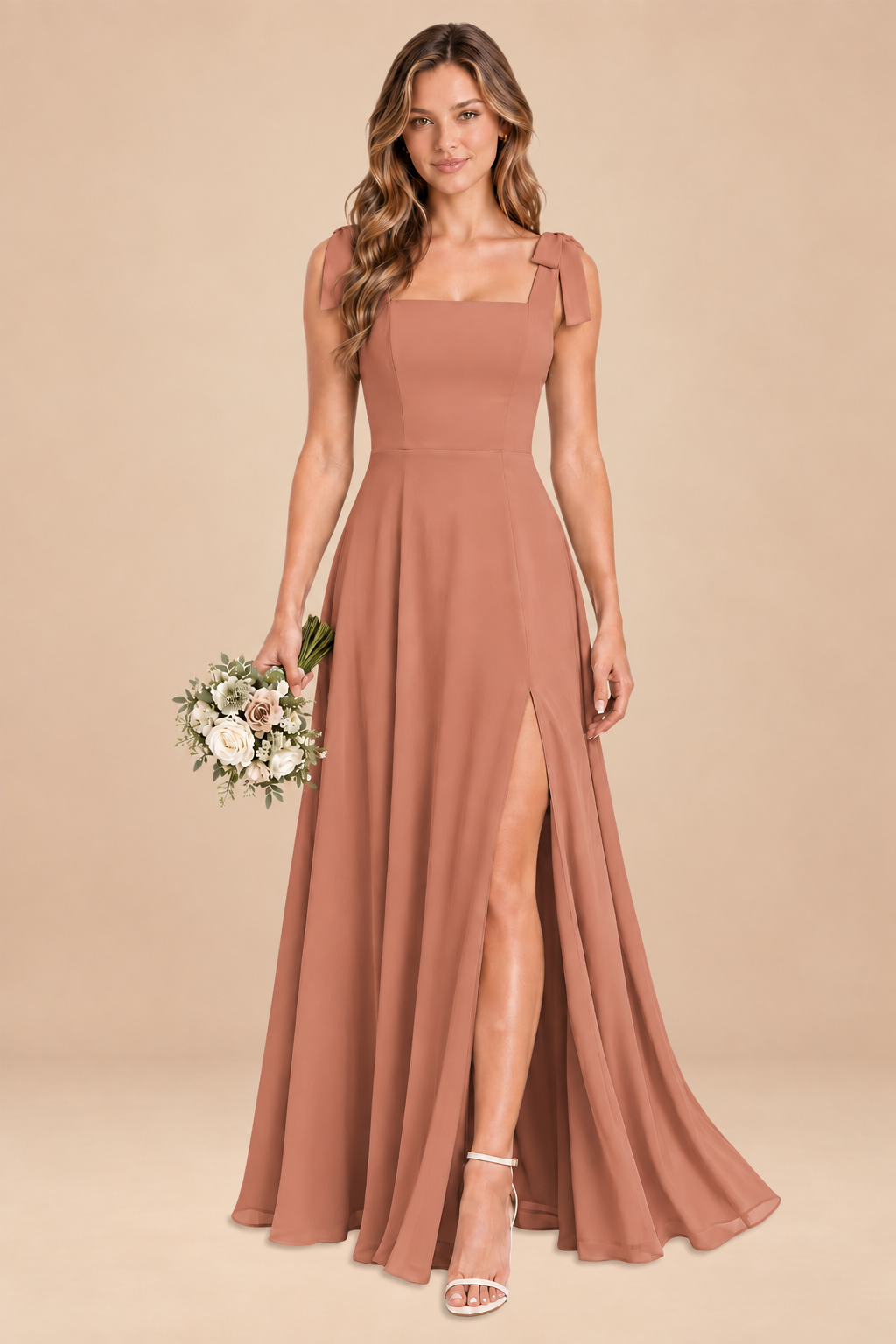 terracotta square-neck bow straps chiffon bridesmaid dress with slit, front view