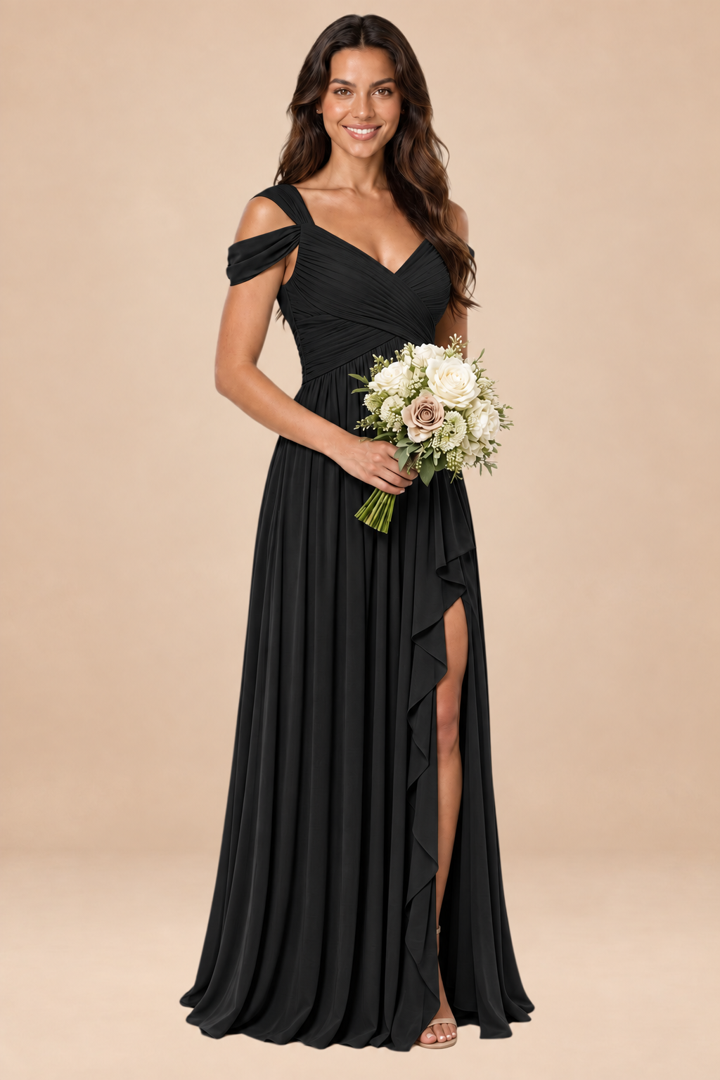 black v-neck off shoulder chiffon pleated bridesmaid dress, front view