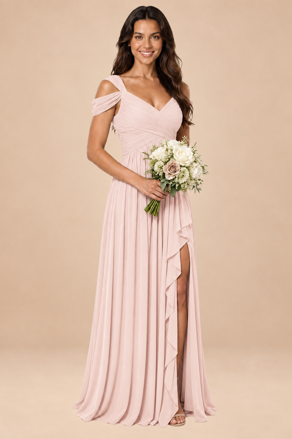 blush pink v-neck off shoulder chiffon pleated bridesmaid dress, front view