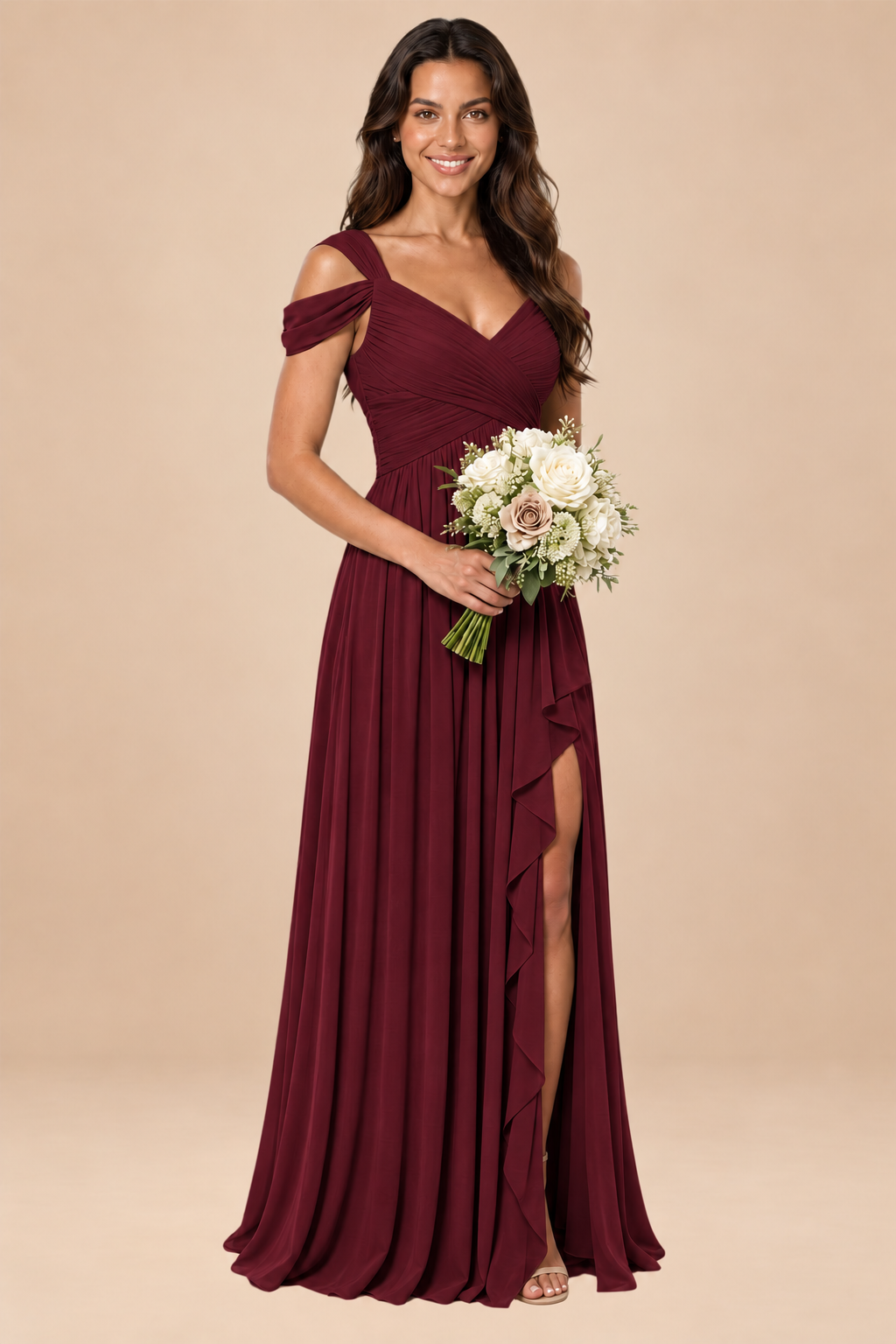 burgundy v-neck off shoulder chiffon pleated bridesmaid dress, front view