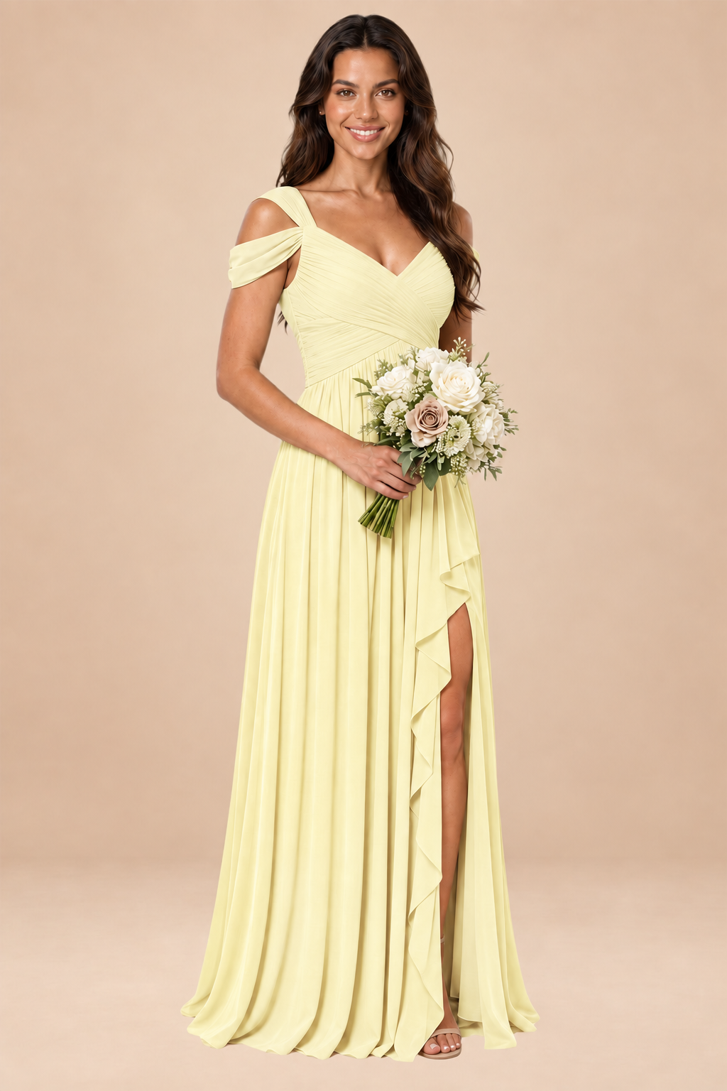 butter yellow v-neck off shoulder chiffon pleated bridesmaid dress, front view