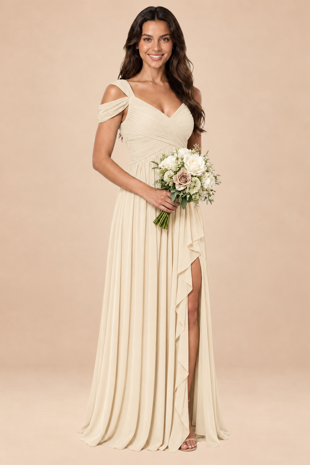 champagne v-neck off shoulder chiffon pleated bridesmaid dress, front view