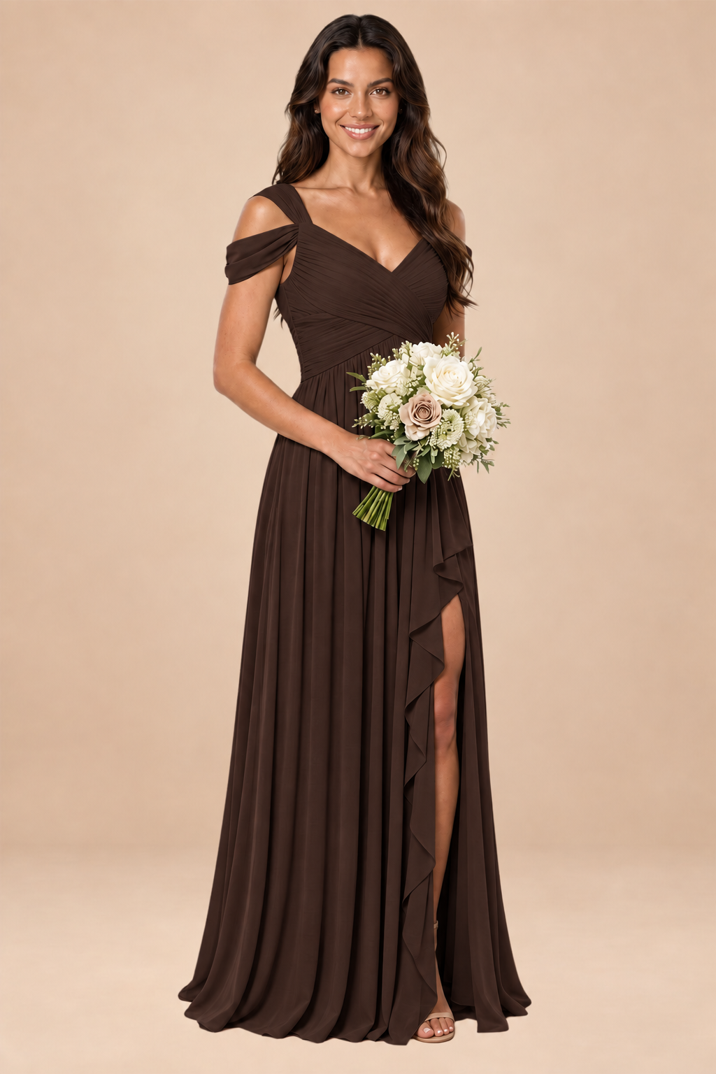 chocolate brown v-neck off shoulder chiffon pleated bridesmaid dress, front view