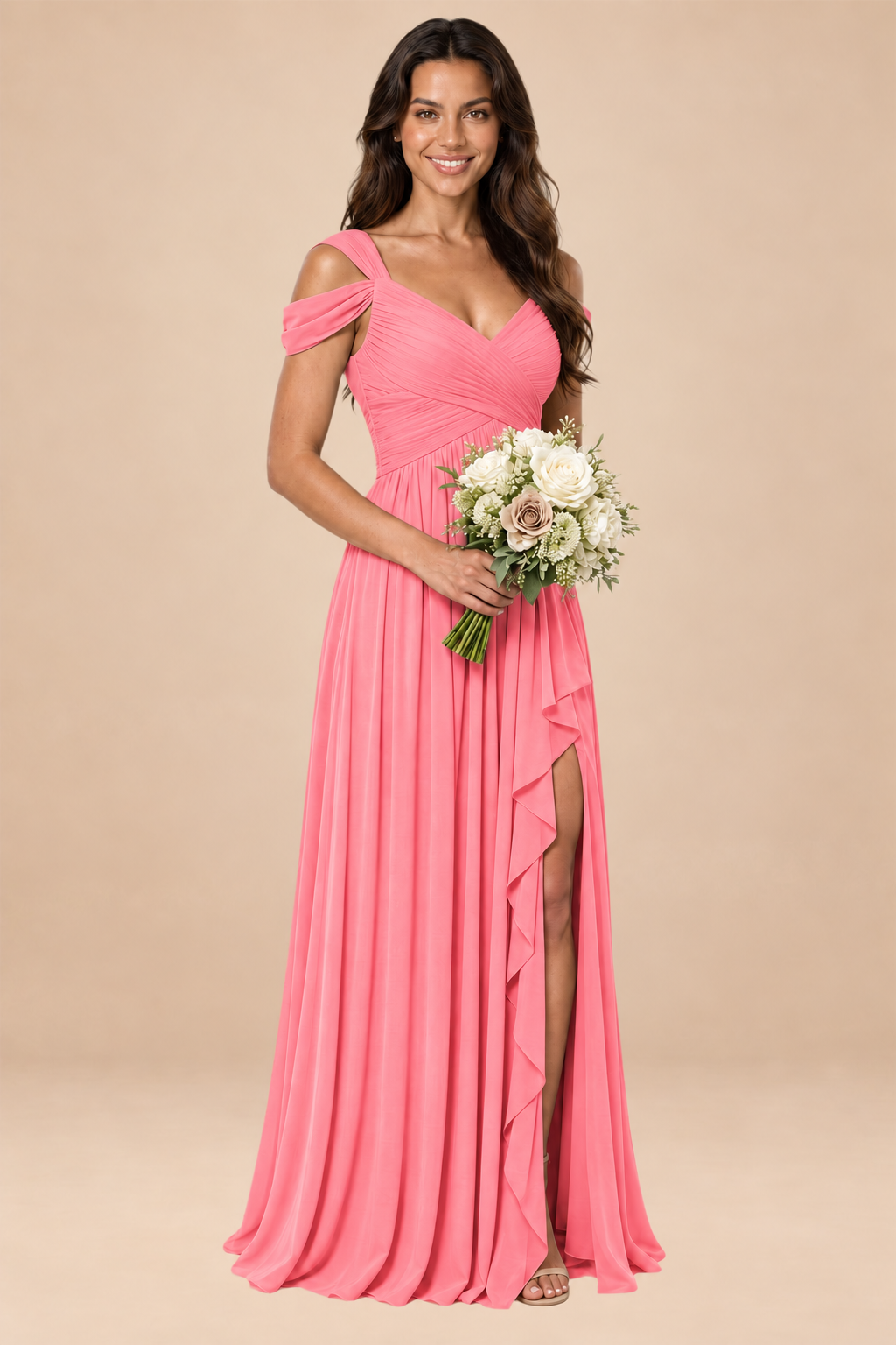 coral v-neck off shoulder chiffon pleated bridesmaid dress, front view