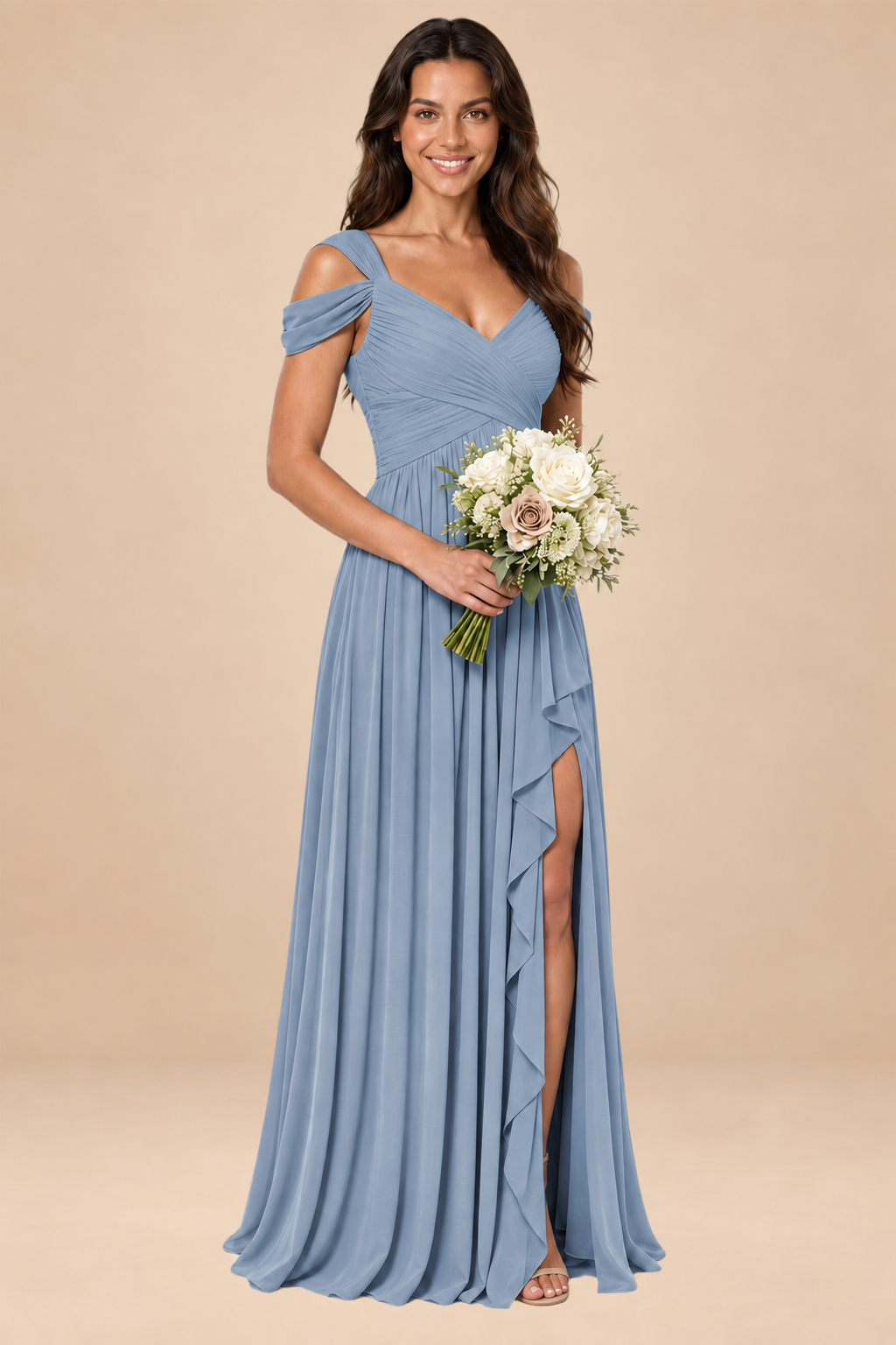 dusty blue v-neck off shoulder chiffon pleated bridesmaid dress, front view