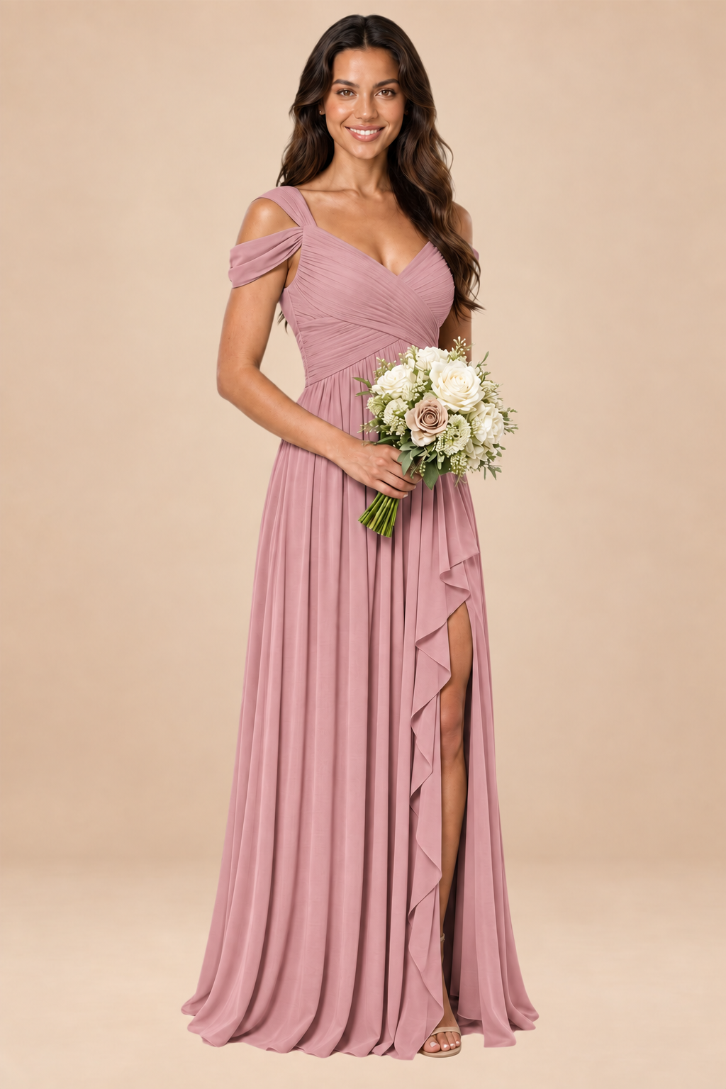 dusty rose v-neck off shoulder chiffon pleated bridesmaid dress, front view