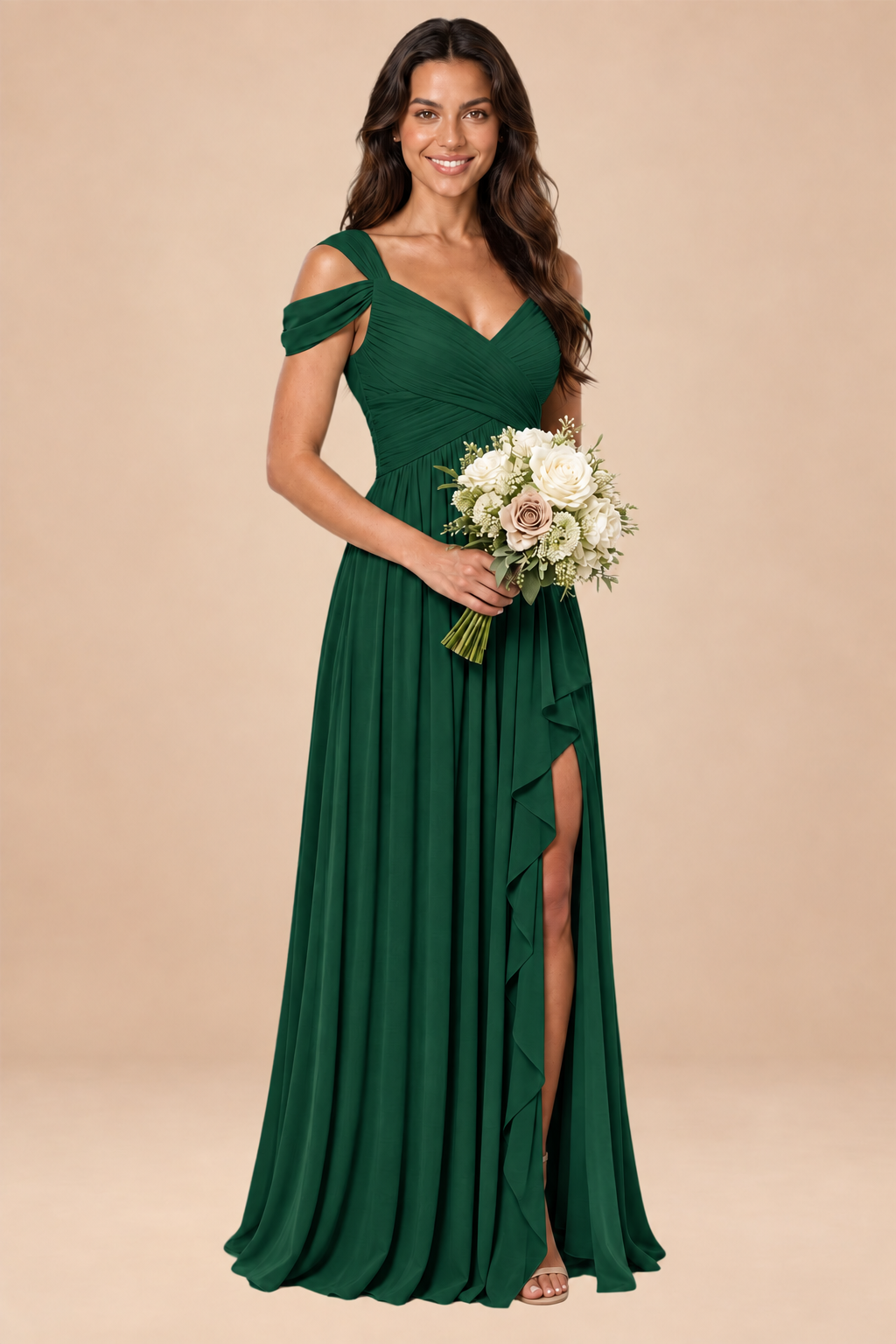 emerald green v-neck off shoulder chiffon pleated bridesmaid dress, front view