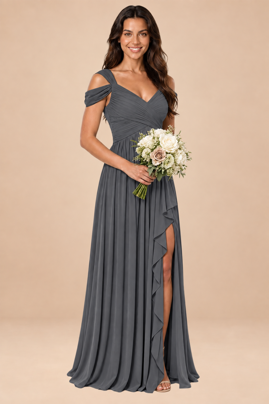 gray v-neck off shoulder chiffon pleated bridesmaid dress, front view