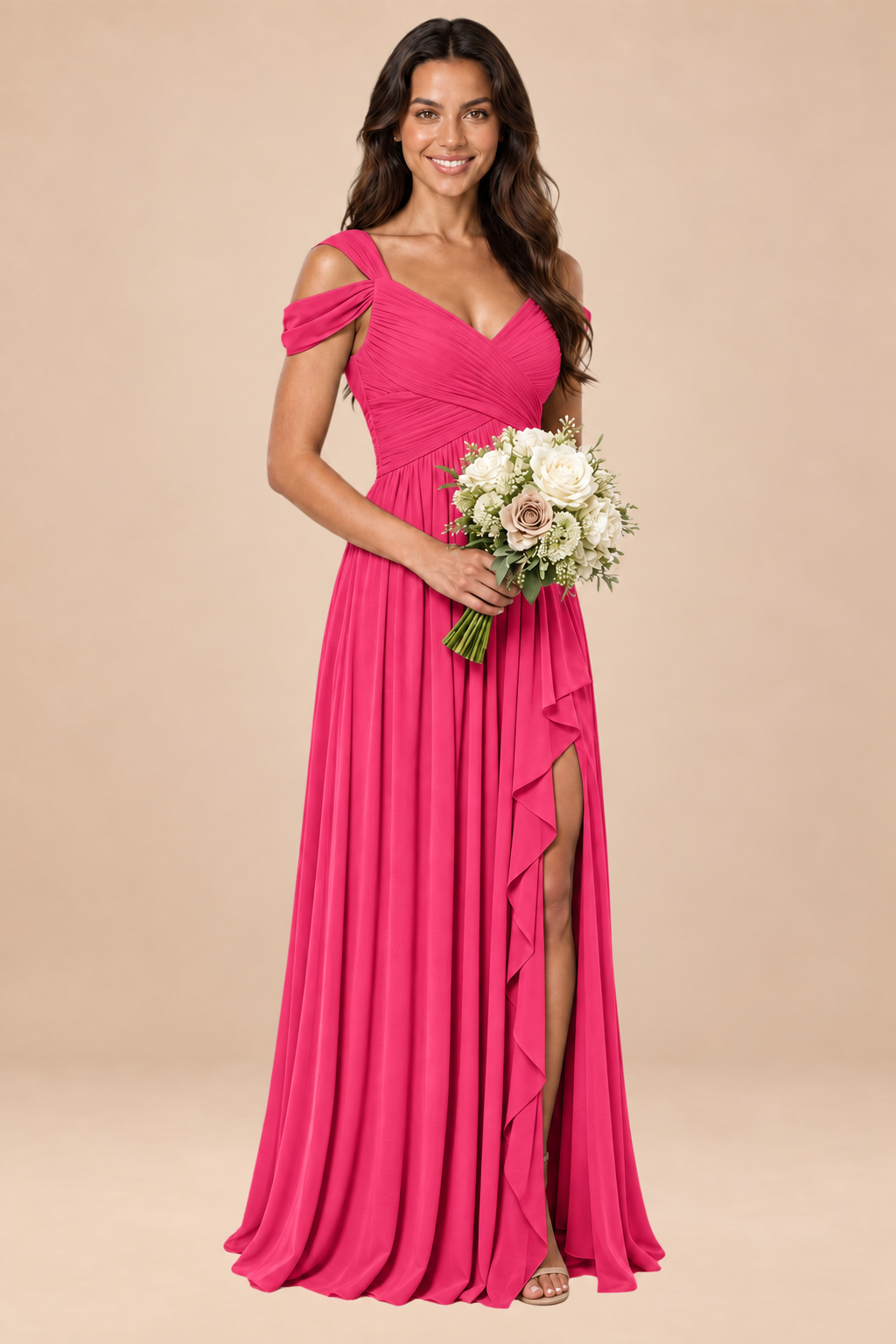 hot pink v-neck off shoulder chiffon pleated bridesmaid dress, front view