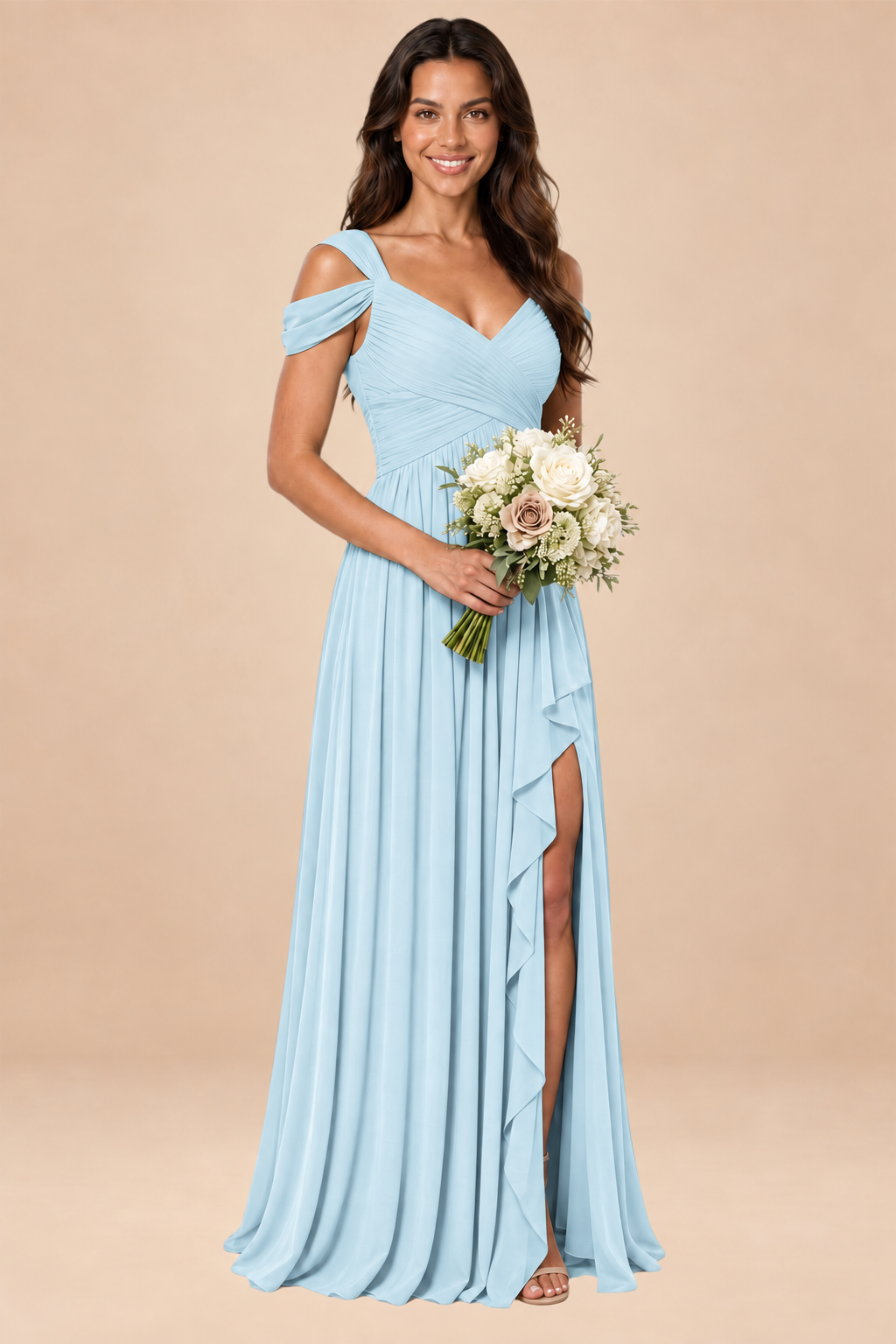 ice blue v-neck off shoulder chiffon pleated bridesmaid dress, front view