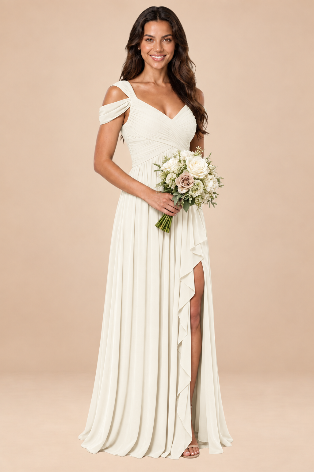 ivory v-neck off shoulder chiffon pleated bridesmaid dress, front view