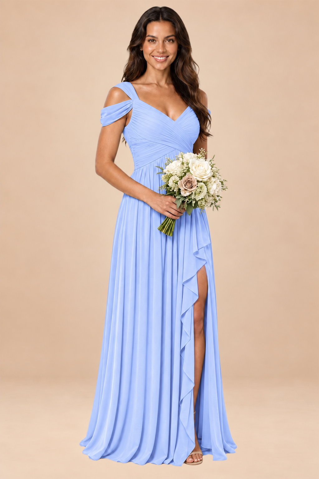 lavender v-neck off shoulder chiffon pleated bridesmaid dress, front view
