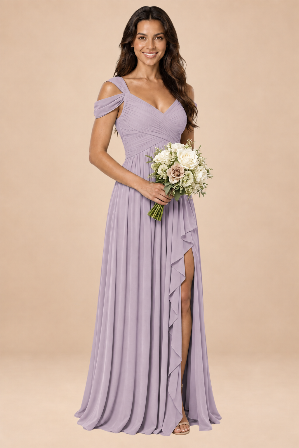 mauve v-neck off shoulder chiffon pleated bridesmaid dress, front view