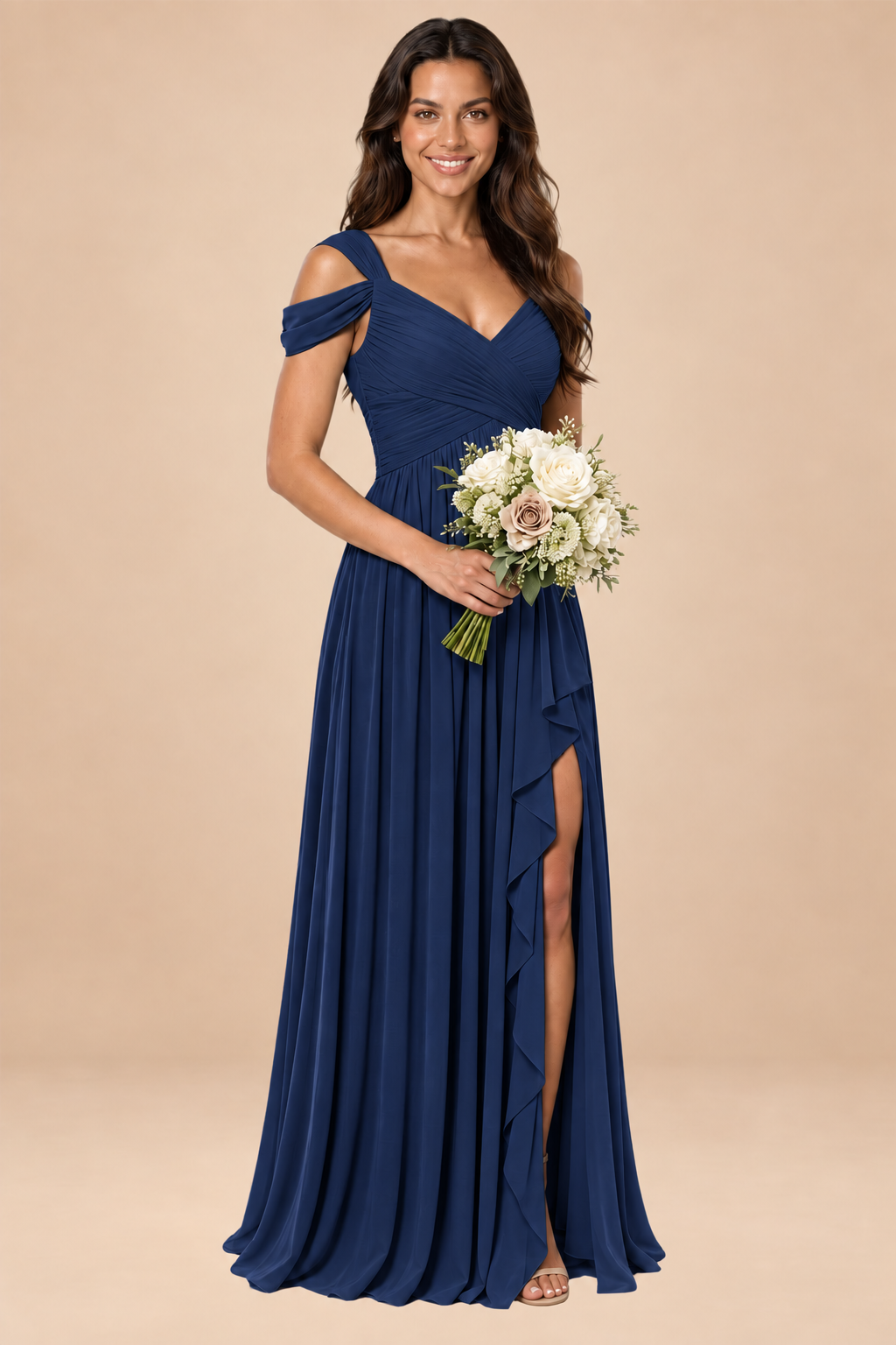 navy blue v-neck off shoulder chiffon pleated bridesmaid dress, front view