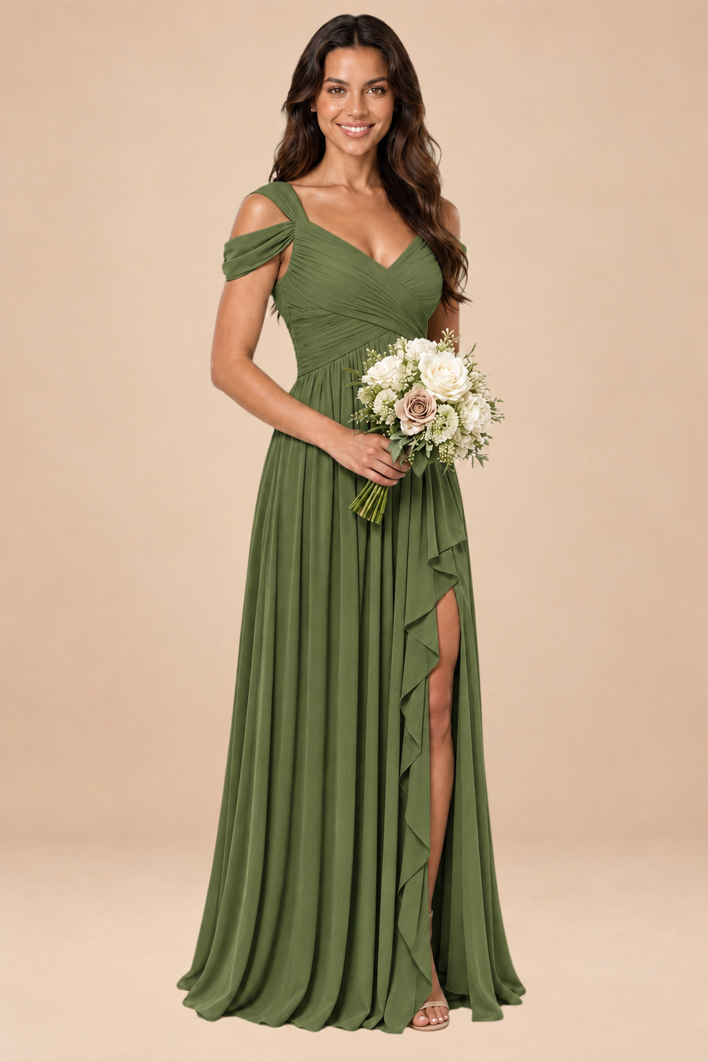 olive green v-neck off shoulder chiffon pleated bridesmaid dress, front view