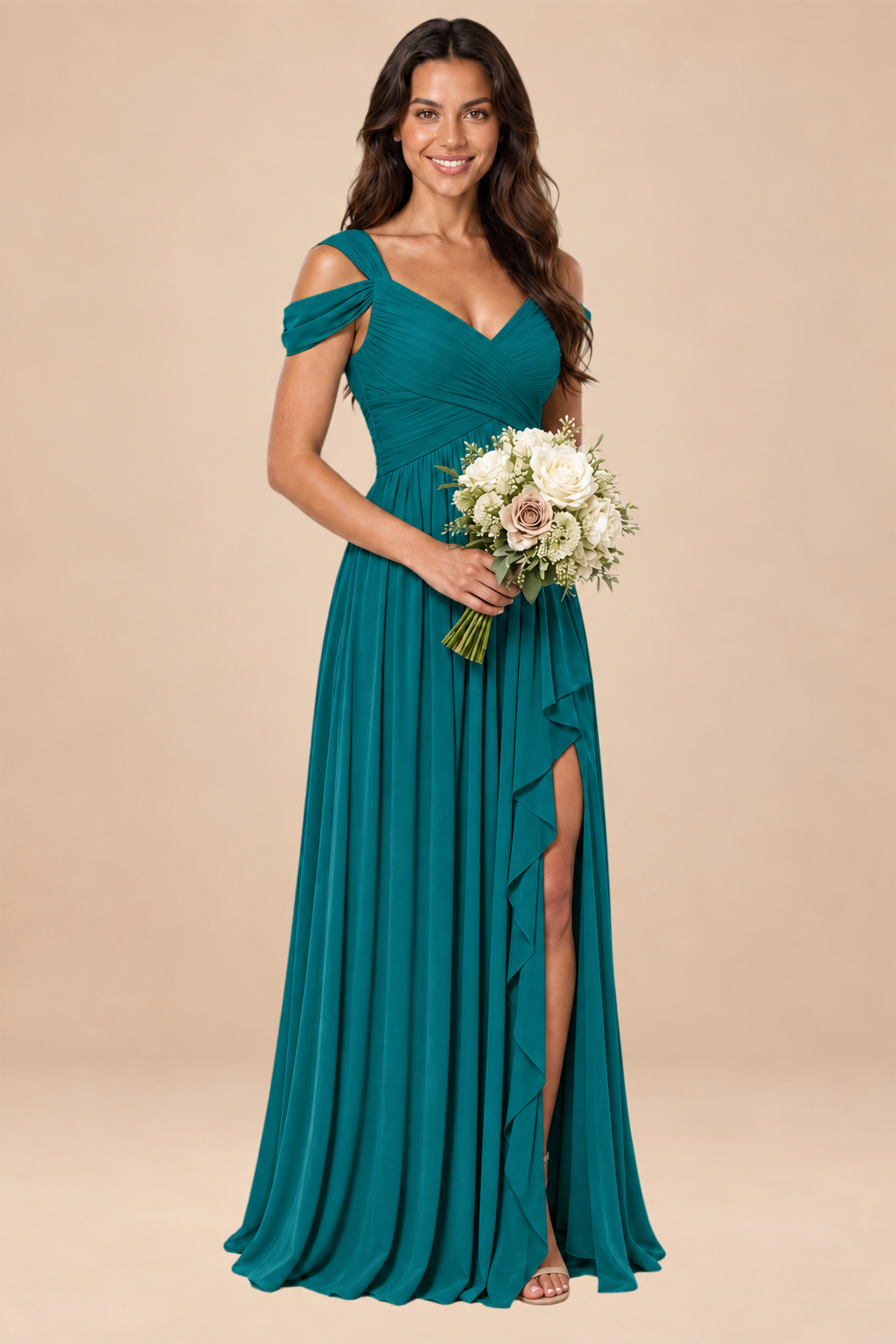 peacock v-neck off shoulder chiffon pleated bridesmaid dress, front view