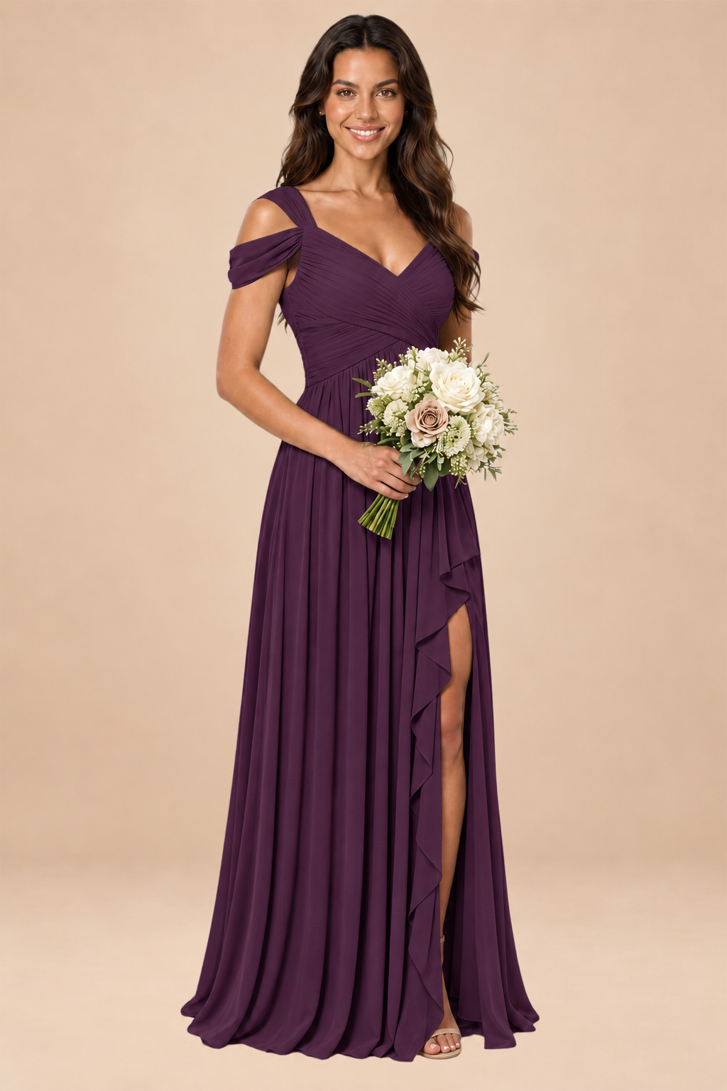 plum v-neck off shoulder chiffon pleated bridesmaid dress, front view