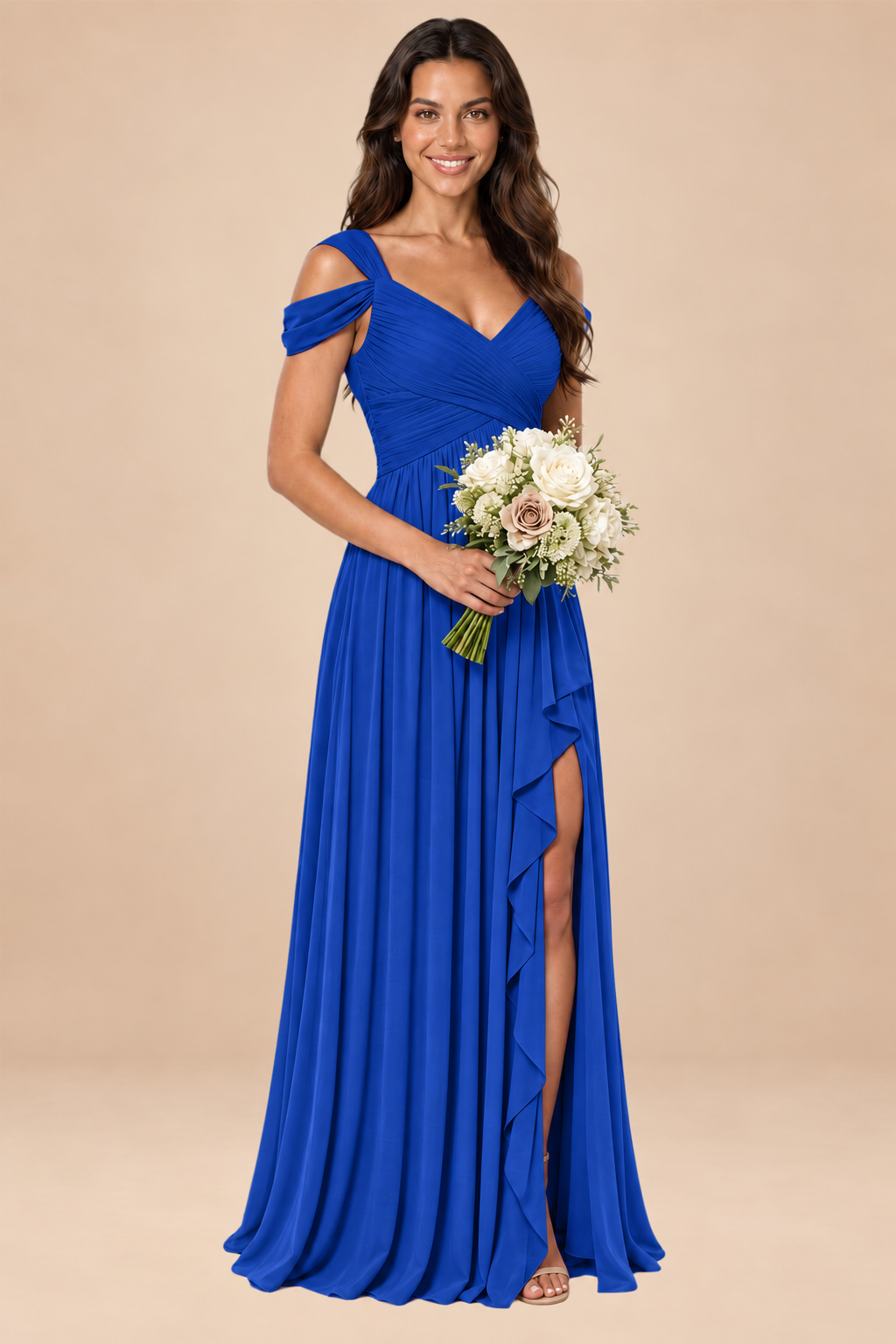 royal blue v-neck off shoulder chiffon pleated bridesmaid dress, front view