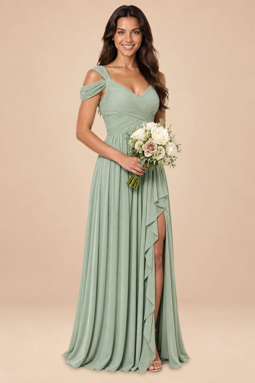 sage green v-neck off shoulder chiffon pleated bridesmaid dress, front view