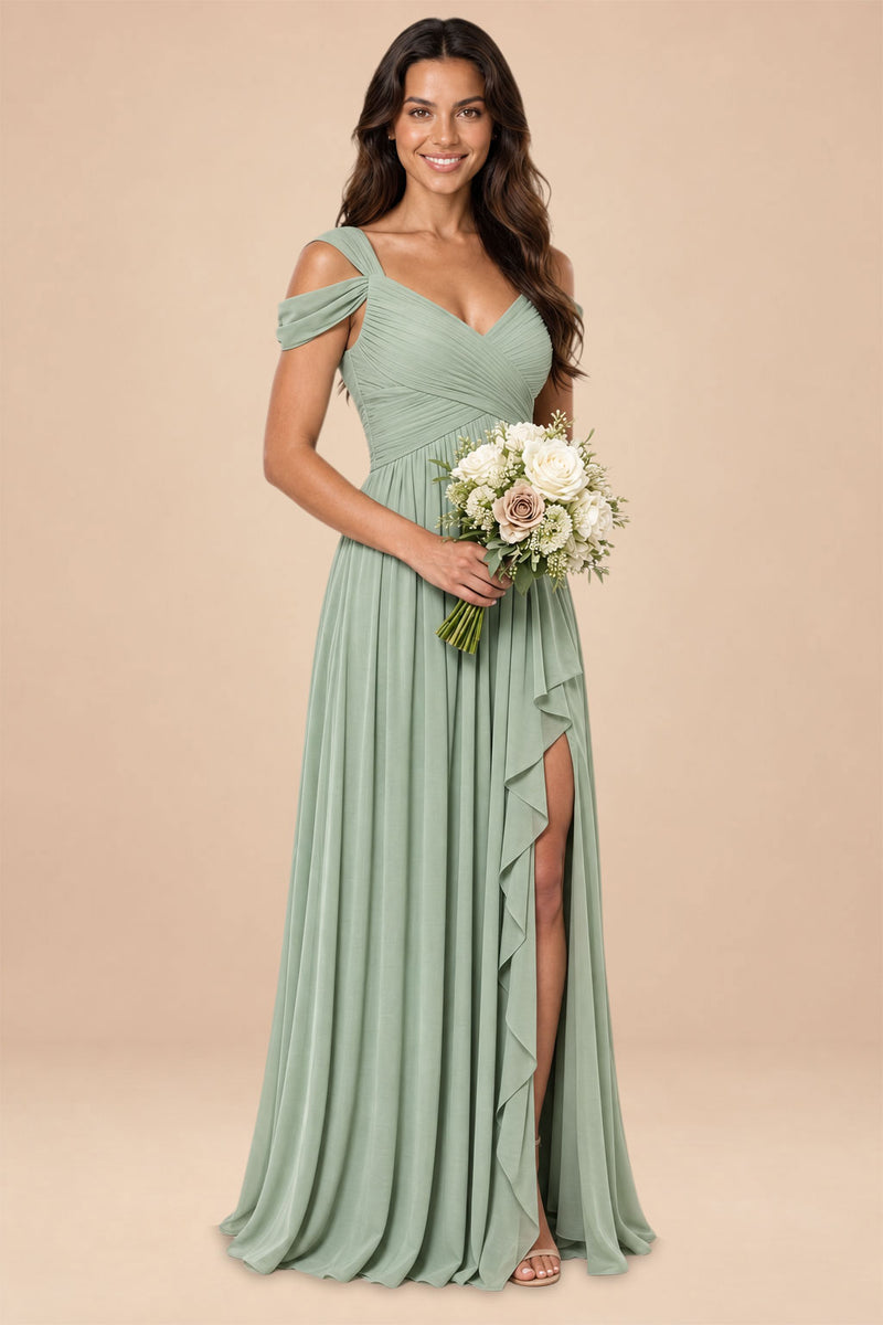 sage green v-neck off shoulder chiffon pleated bridesmaid dress, front view