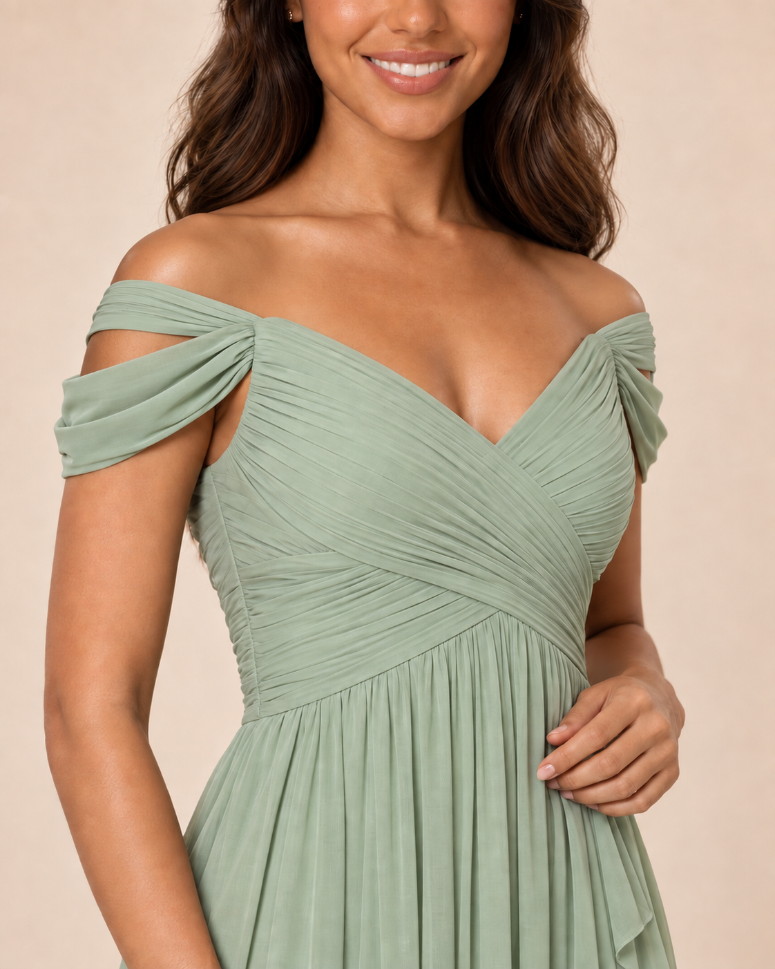 sage green v-neck off shoulder chiffon pleated bridesmaid dress, detail view
