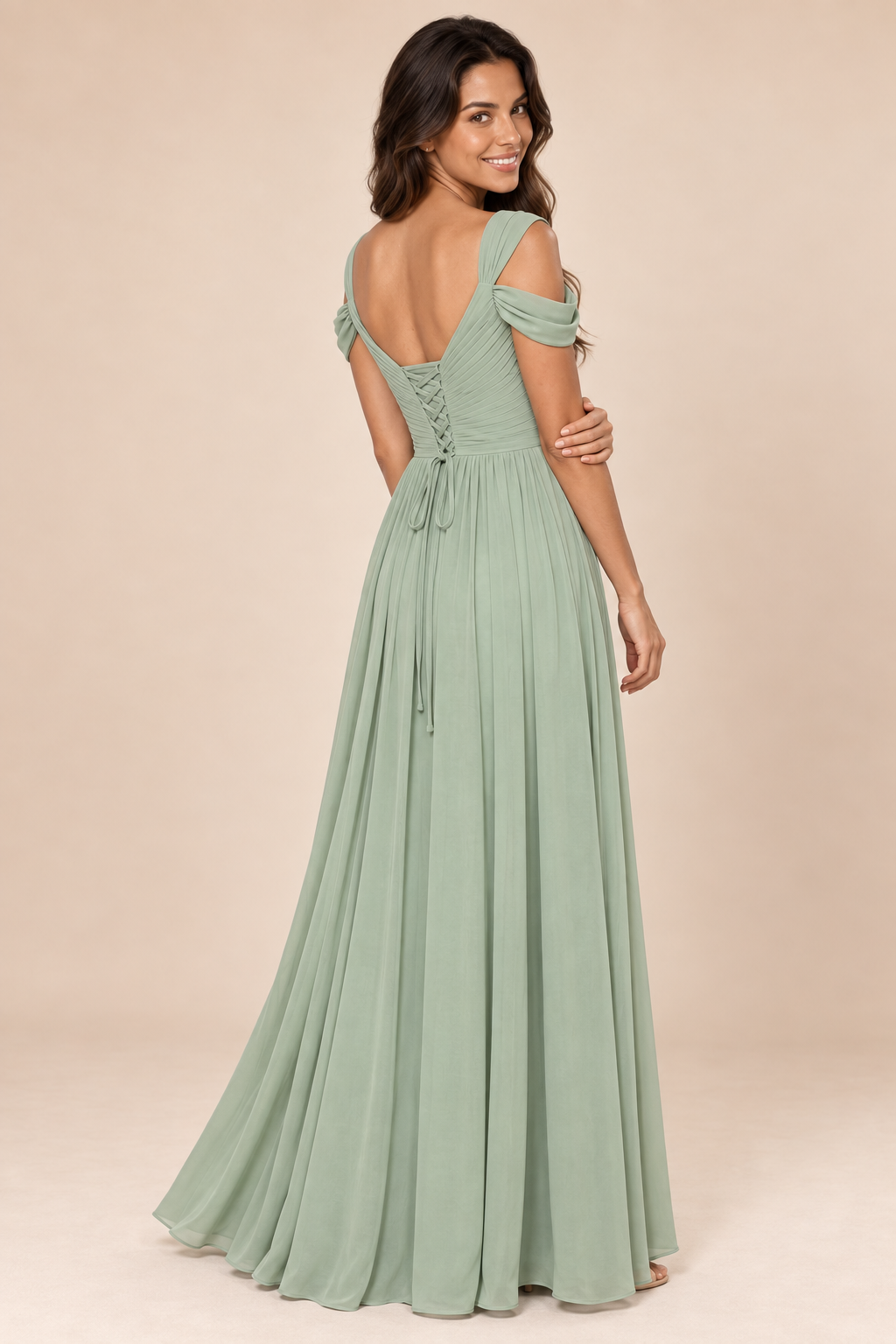 sage green v-neck off shoulder chiffon pleated bridesmaid dress, back view