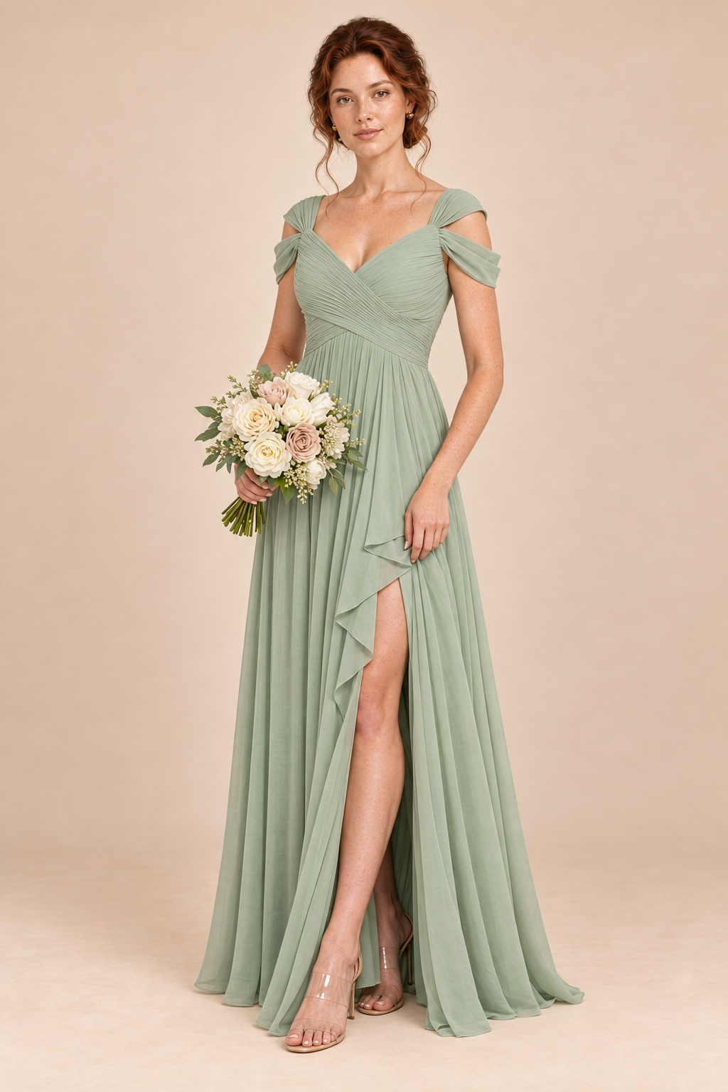 sage green v-neck off shoulder chiffon pleated bridesmaid dress, angle view