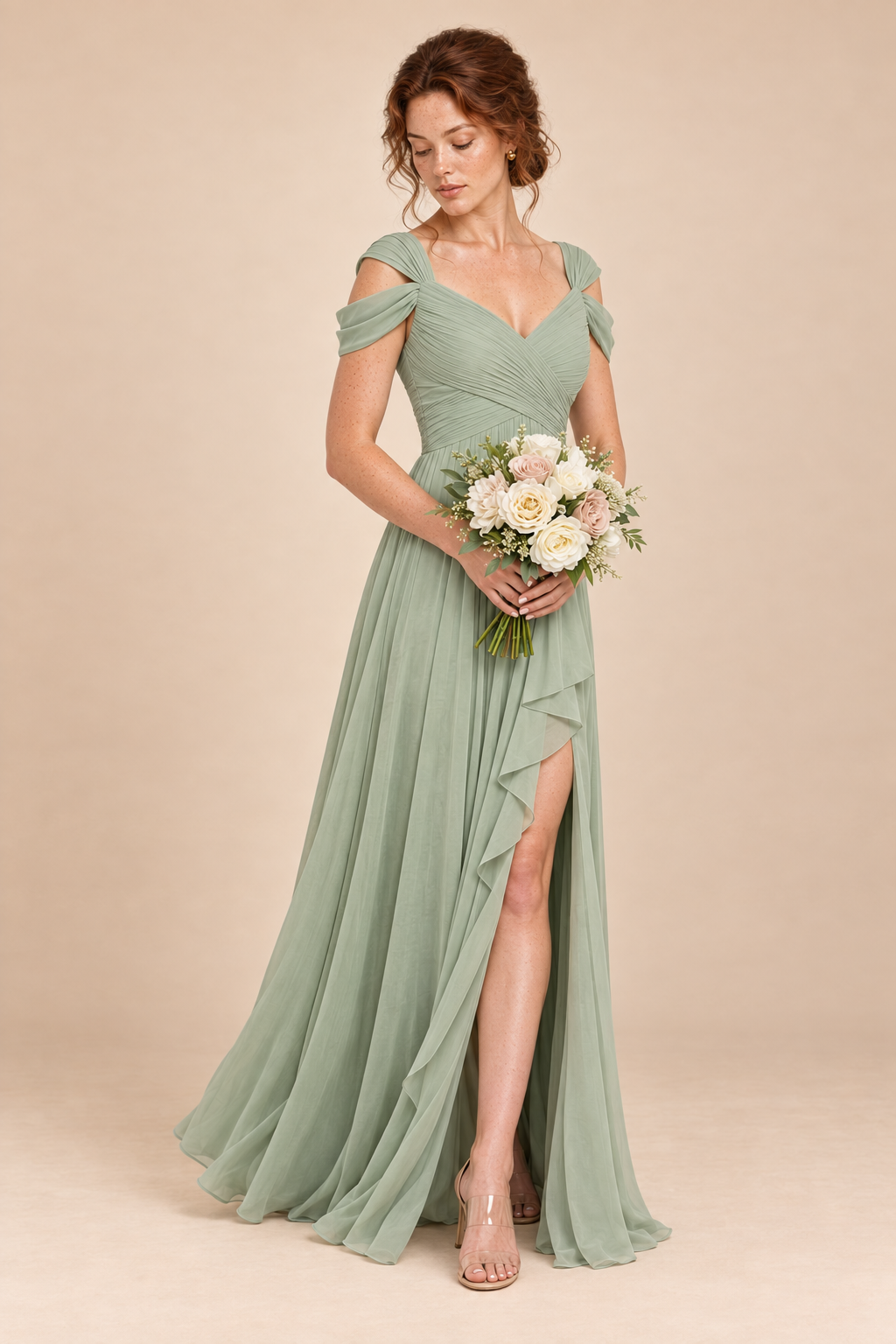 sage green v-neck off shoulder chiffon pleated bridesmaid dress, side view