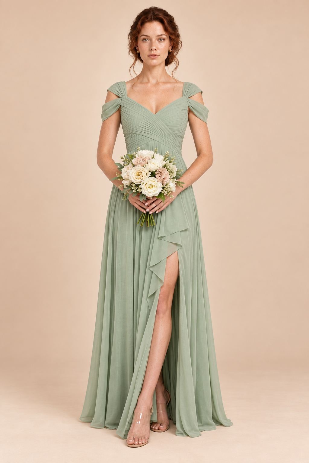 sage green v-neck off shoulder chiffon pleated bridesmaid dress, bouquet view