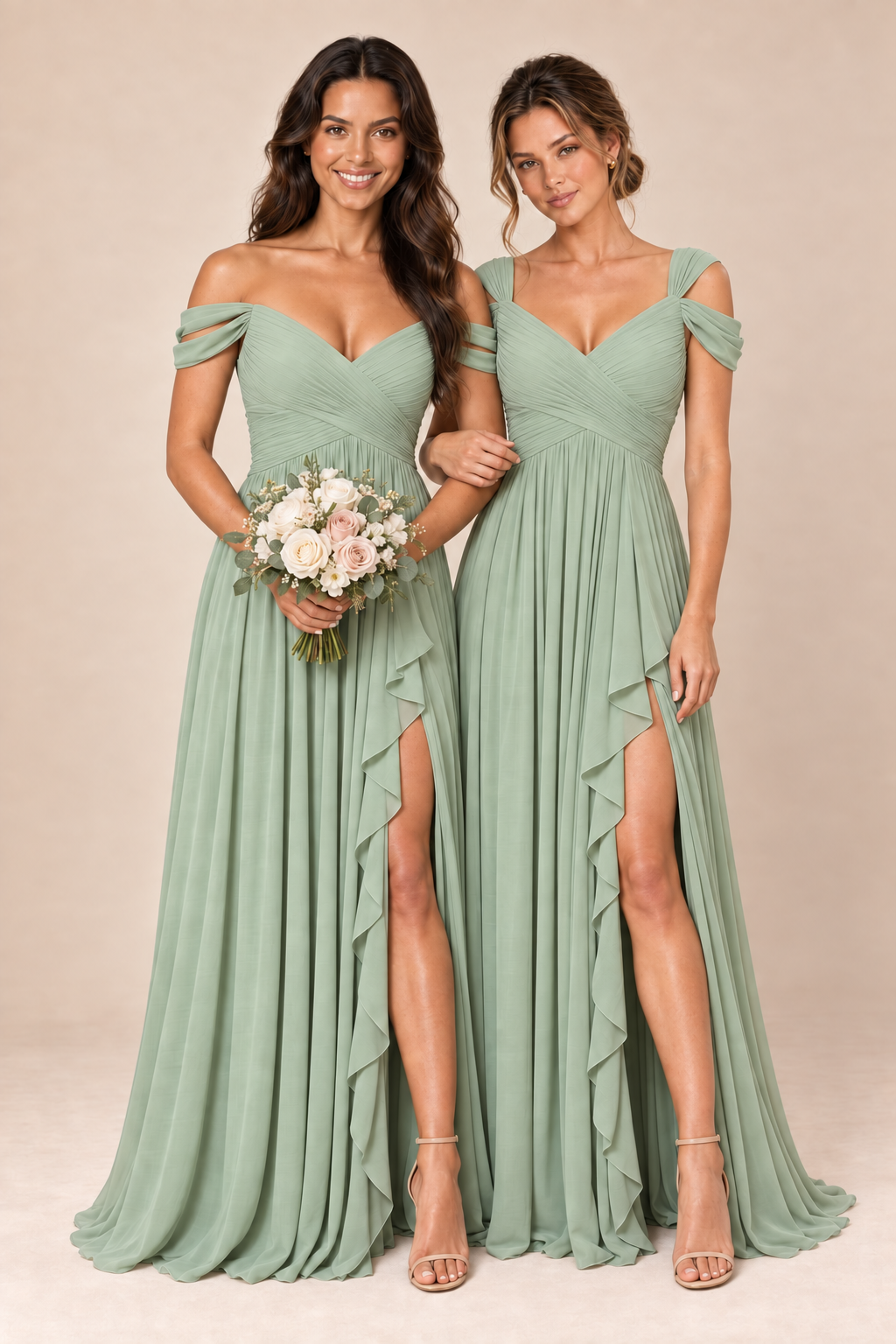 Two models wearing sage green v-neck off shoulder chiffon pleated bridesmaid dress