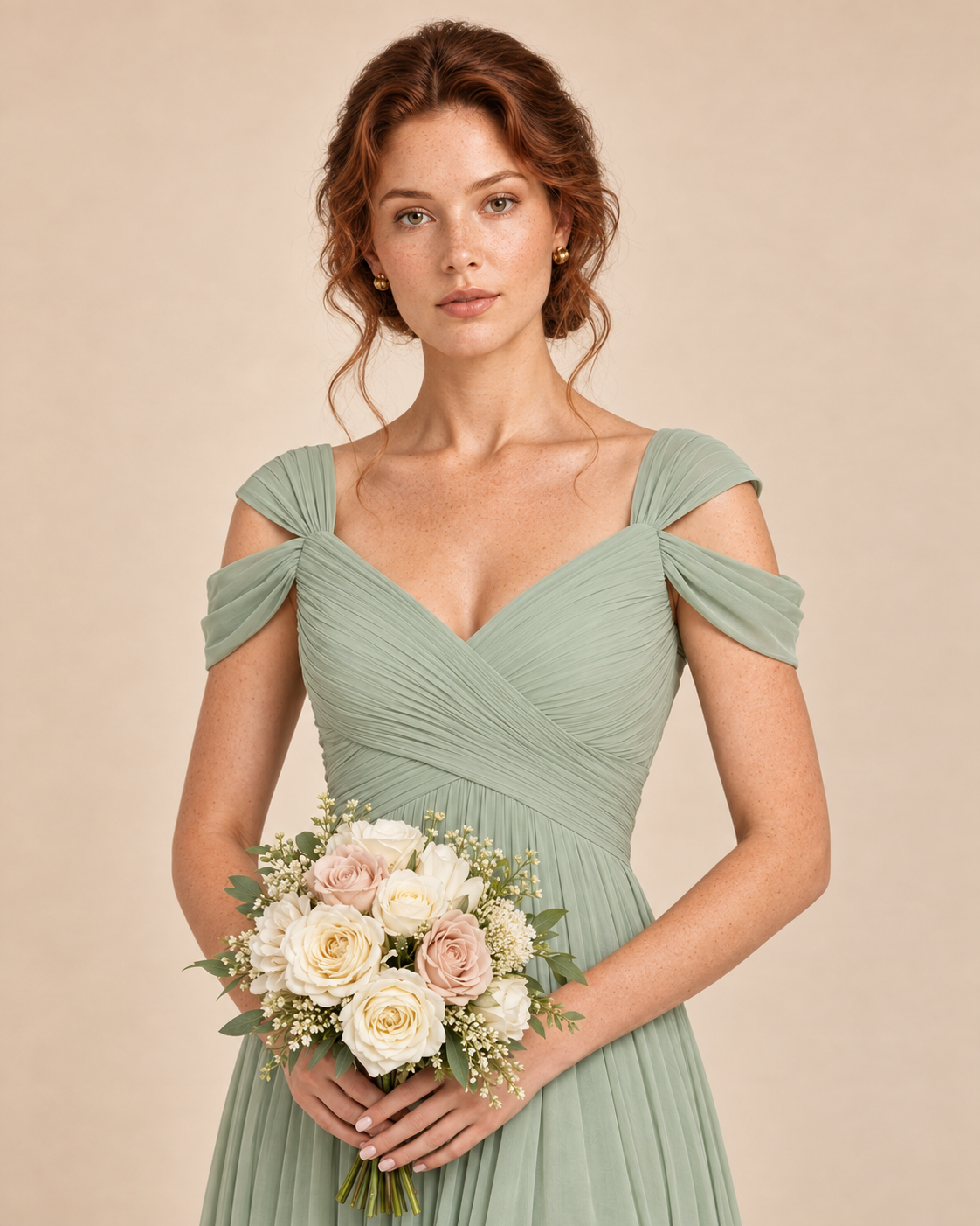 sage green v-neck off shoulder chiffon pleated bridesmaid dress, detail view