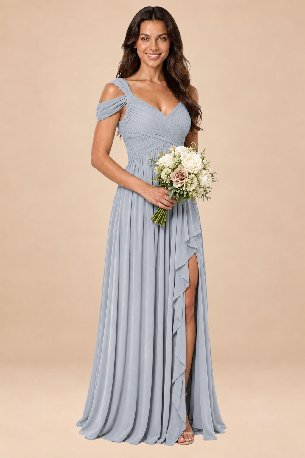 silver v-neck off shoulder chiffon pleated bridesmaid dress, front view