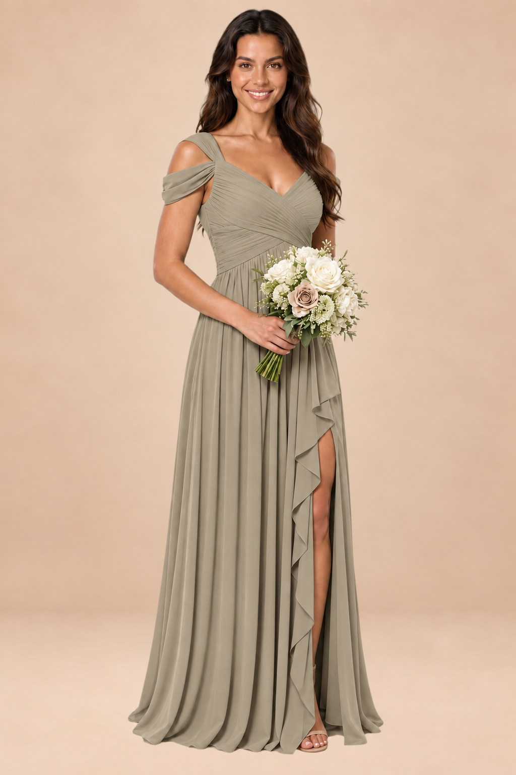 taupe v-neck off shoulder chiffon pleated bridesmaid dress, front view