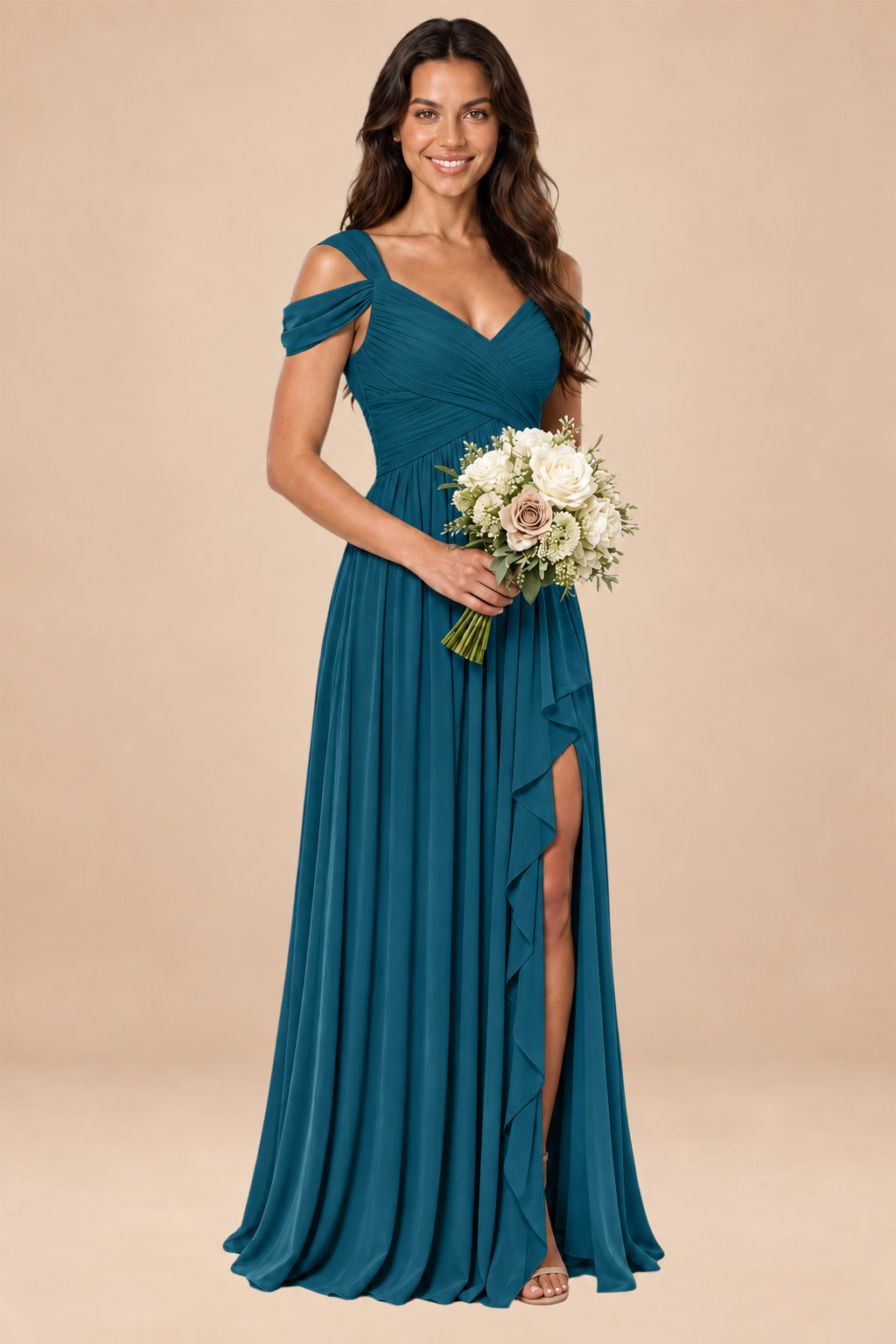 teal v-neck off shoulder chiffon pleated bridesmaid dress, front view