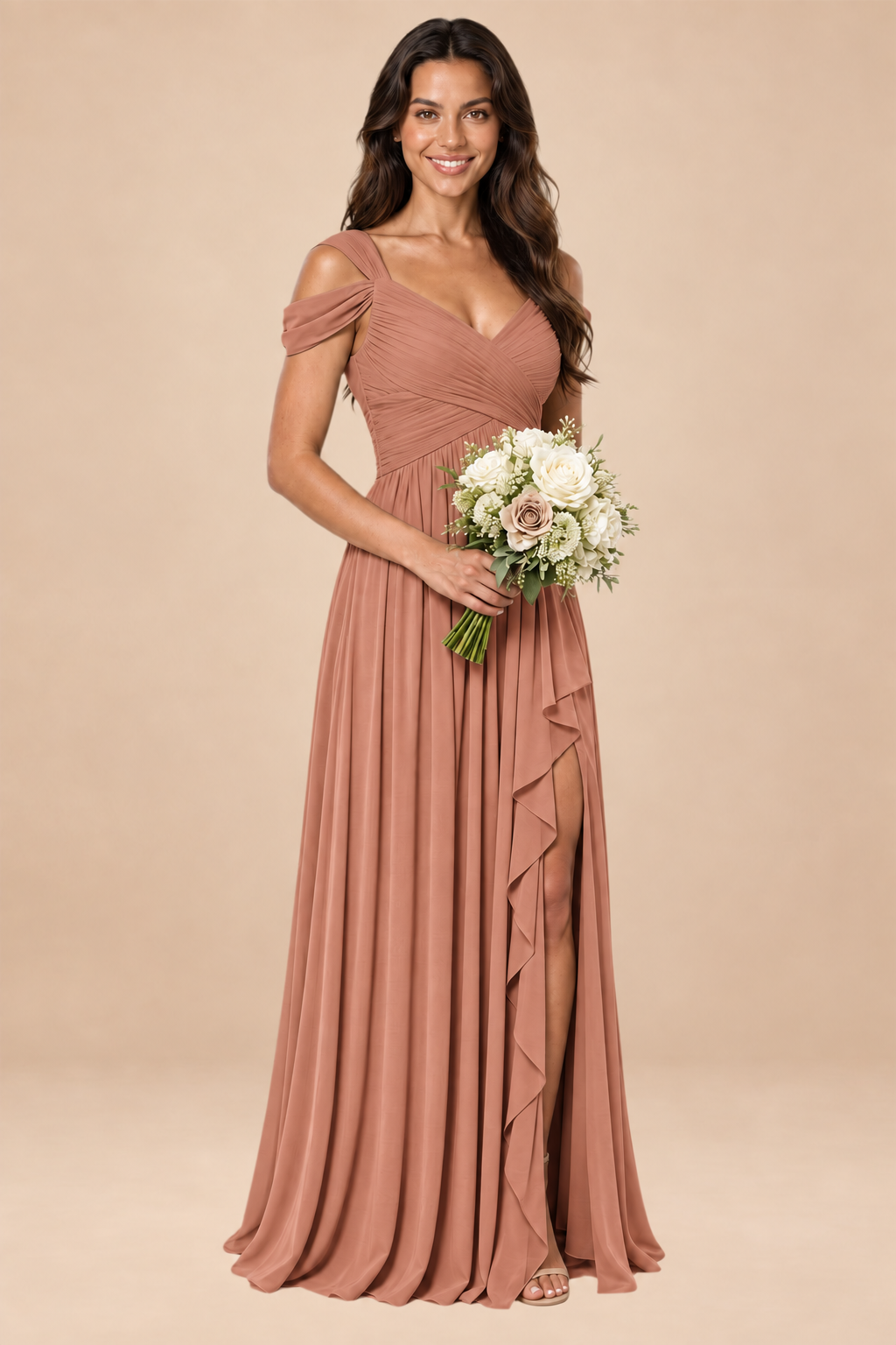terracotta v-neck off shoulder chiffon pleated bridesmaid dress, front view