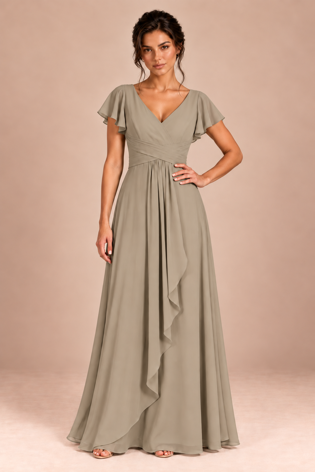 V-Neck Flutter Sleeve Chiffon Bridesmaid Dress
