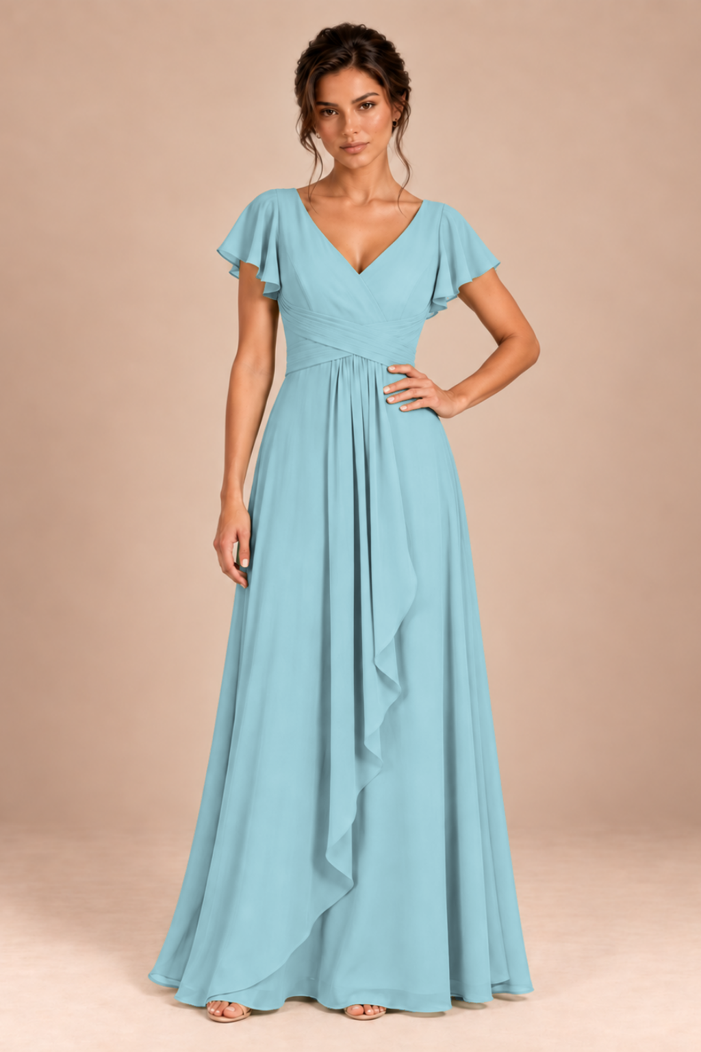 V-Neck Flutter Sleeve Chiffon Bridesmaid Dress